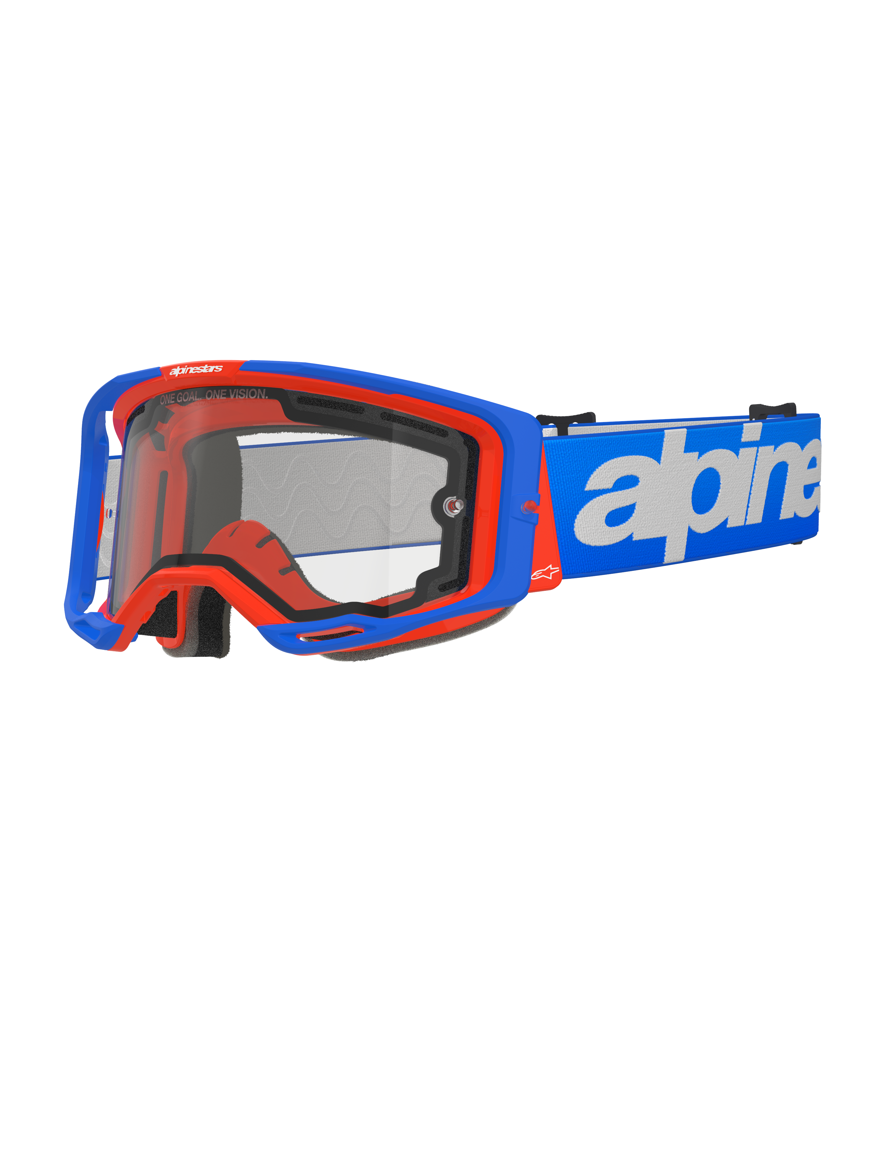 Alpinestars Vision 8 Wordmark Goggles Dual Pane, motocross-briller, blå og orange, klar dobbeltlinse, blå rem med hvid tekst, sort skumpolstring, off-road racerudstyr