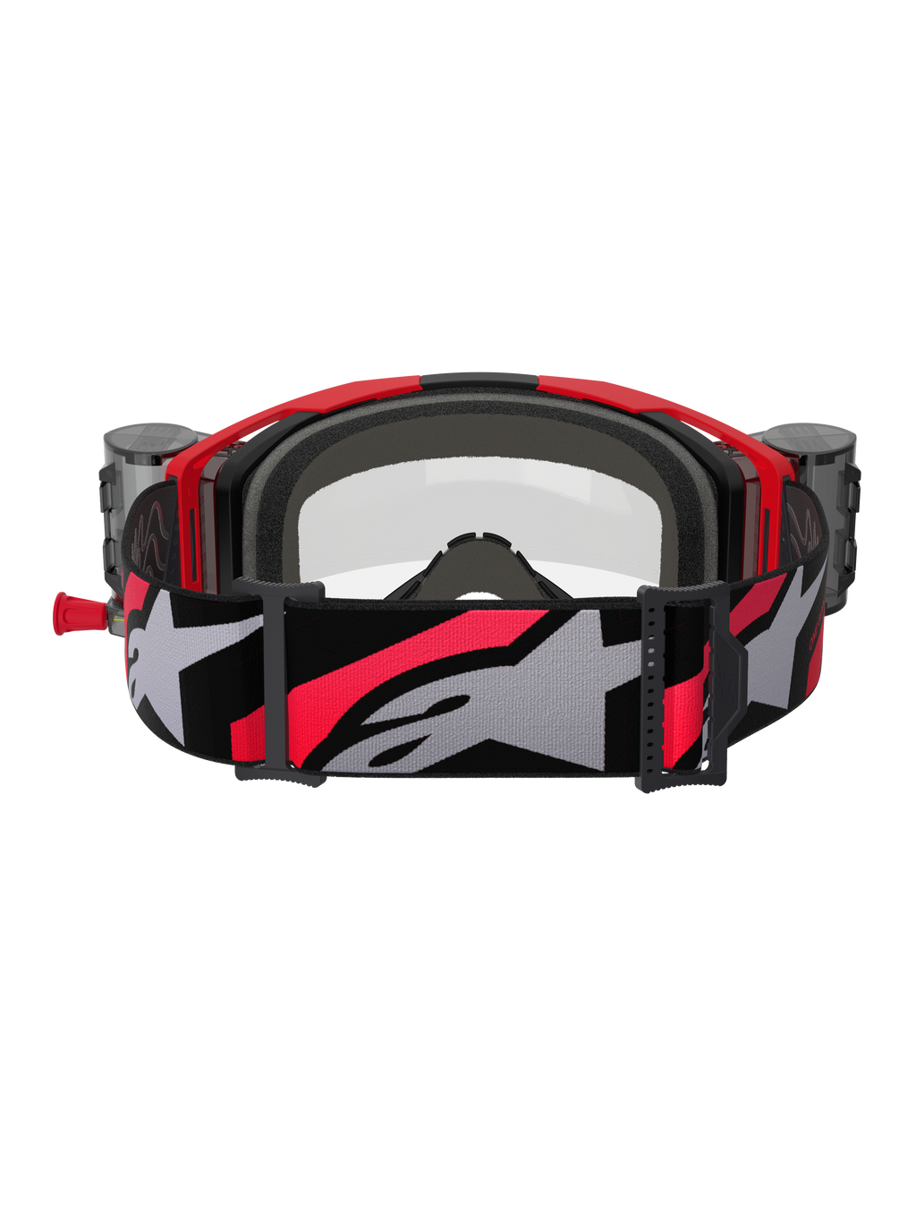 Alpinestars Vision 8 Luar Goggles Roll Off, motocross-briller, rød, sort og klar, set bagfra med gråt indvendigt ansigtsskum, roll-off-systemets beholdere på siderne og en bred justerbar rem med et stort gråt Alpinestars-logo og røde detaljer