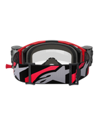 Alpinestars Vision 8 Luar Goggles Roll Off, motocross-briller, rød, sort og klar, set bagfra med gråt indvendigt ansigtsskum, roll-off-systemets beholdere på siderne og en bred justerbar rem med et stort gråt Alpinestars-logo og røde detaljer