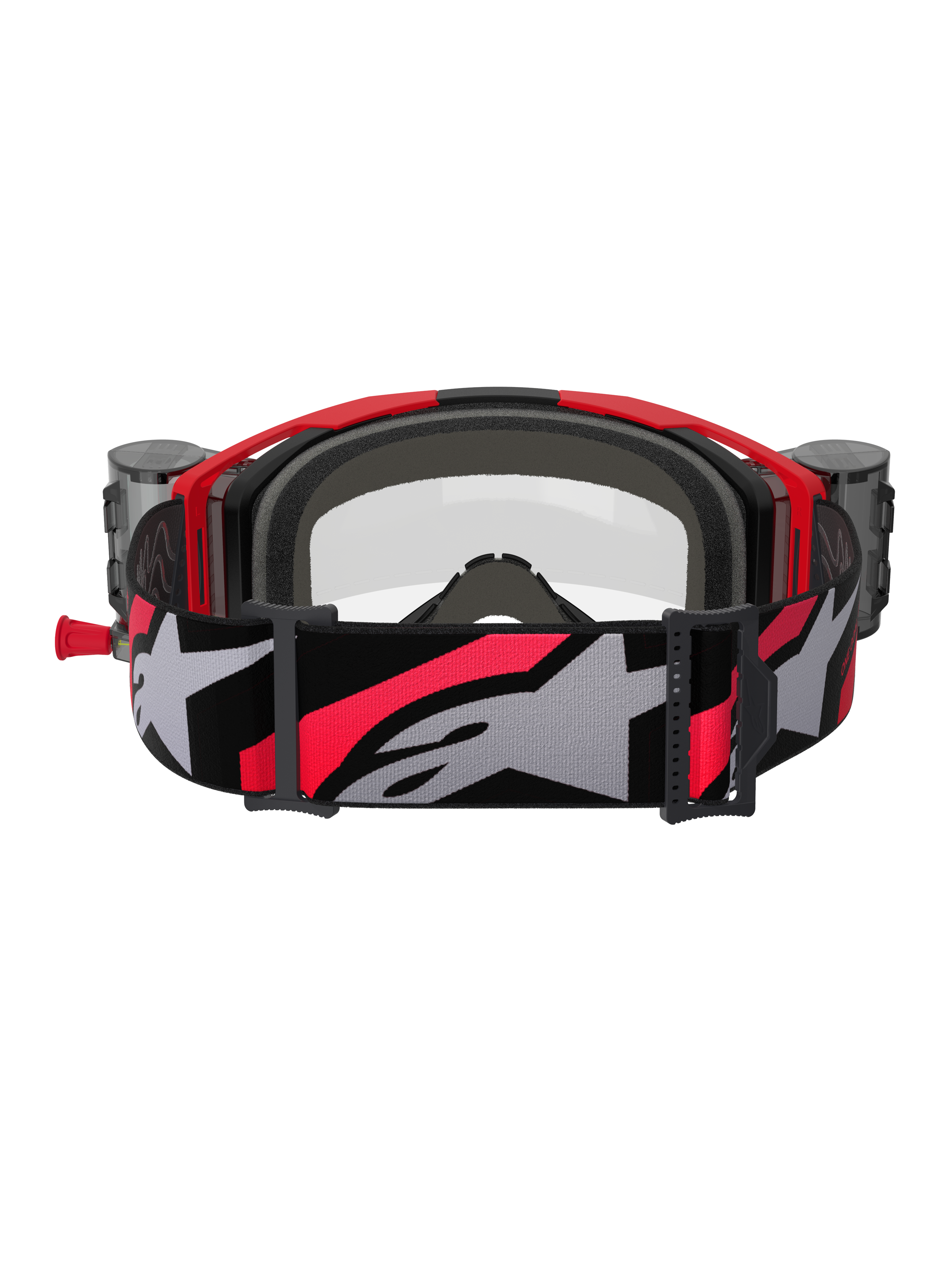 Alpinestars Vision 8 Luar Goggles Roll Off, motocross-briller, rød, sort og klar, set bagfra med gråt indvendigt ansigtsskum, roll-off-systemets beholdere på siderne og en bred justerbar rem med et stort gråt Alpinestars-logo og røde detaljer