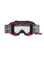 Alpinestars Vision 8 Luar Goggles Roll Off, motocross-briller, rød og sort, med en klar linse og integrerede roll-off-beholdere, markant Alpinestars-branding med 'ONE GOAL. ONE VISION.'-tekst, designet til optimalt udsyn under off-road-kørsel