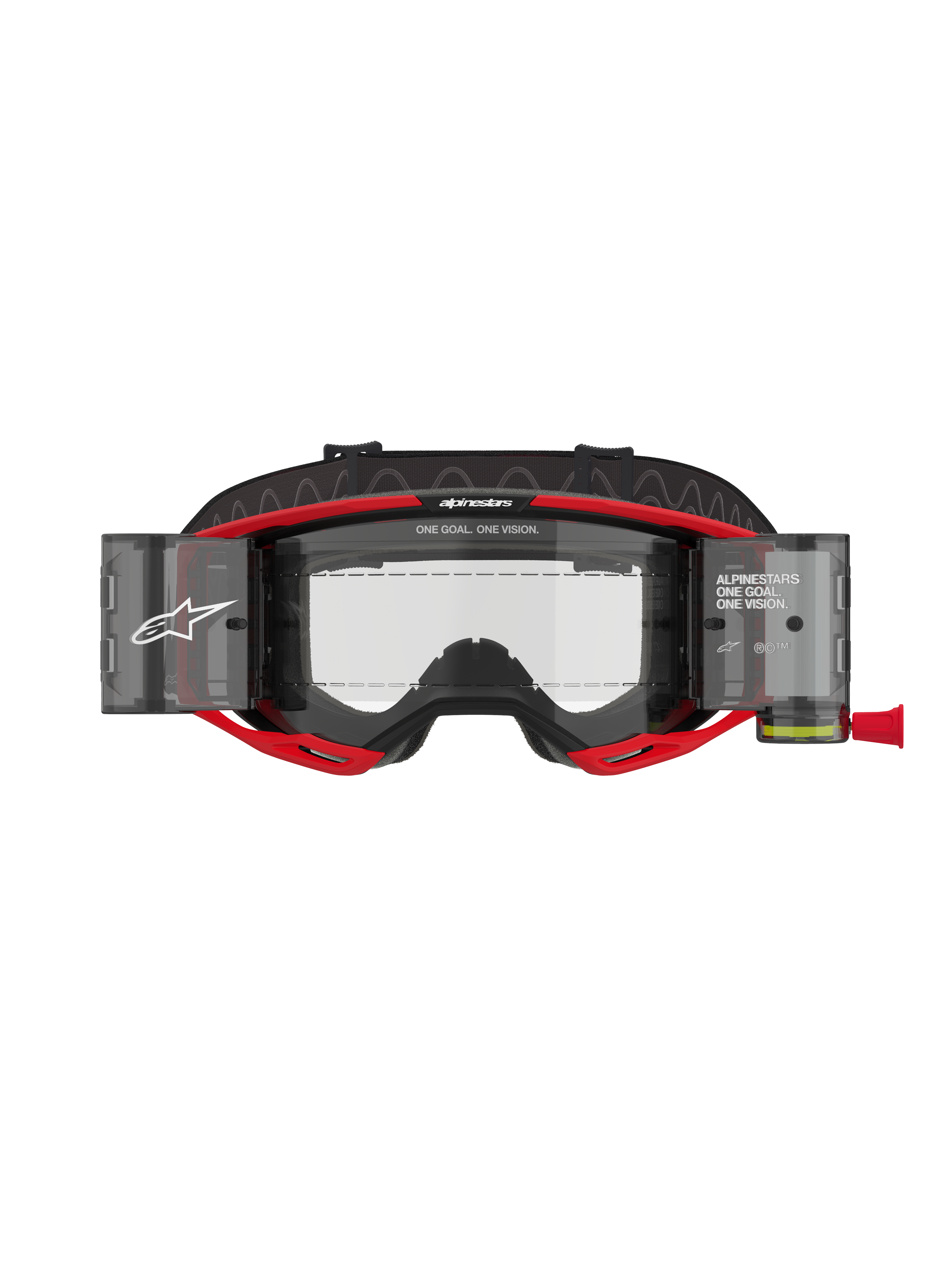 Alpinestars Vision 8 Luar Goggles Roll Off, motocross-briller, rød og sort, med en klar linse og integrerede roll-off-beholdere, markant Alpinestars-branding med 'ONE GOAL. ONE VISION.'-tekst, designet til optimalt udsyn under off-road-kørsel