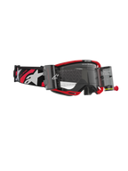 Alpinestars Vision 8 Luar Goggles Roll Off, motocrossbriller, rød og sort ramme med klar linse, integreret roll-off system, bred sort rem med hvide logoer og røde accenter.
