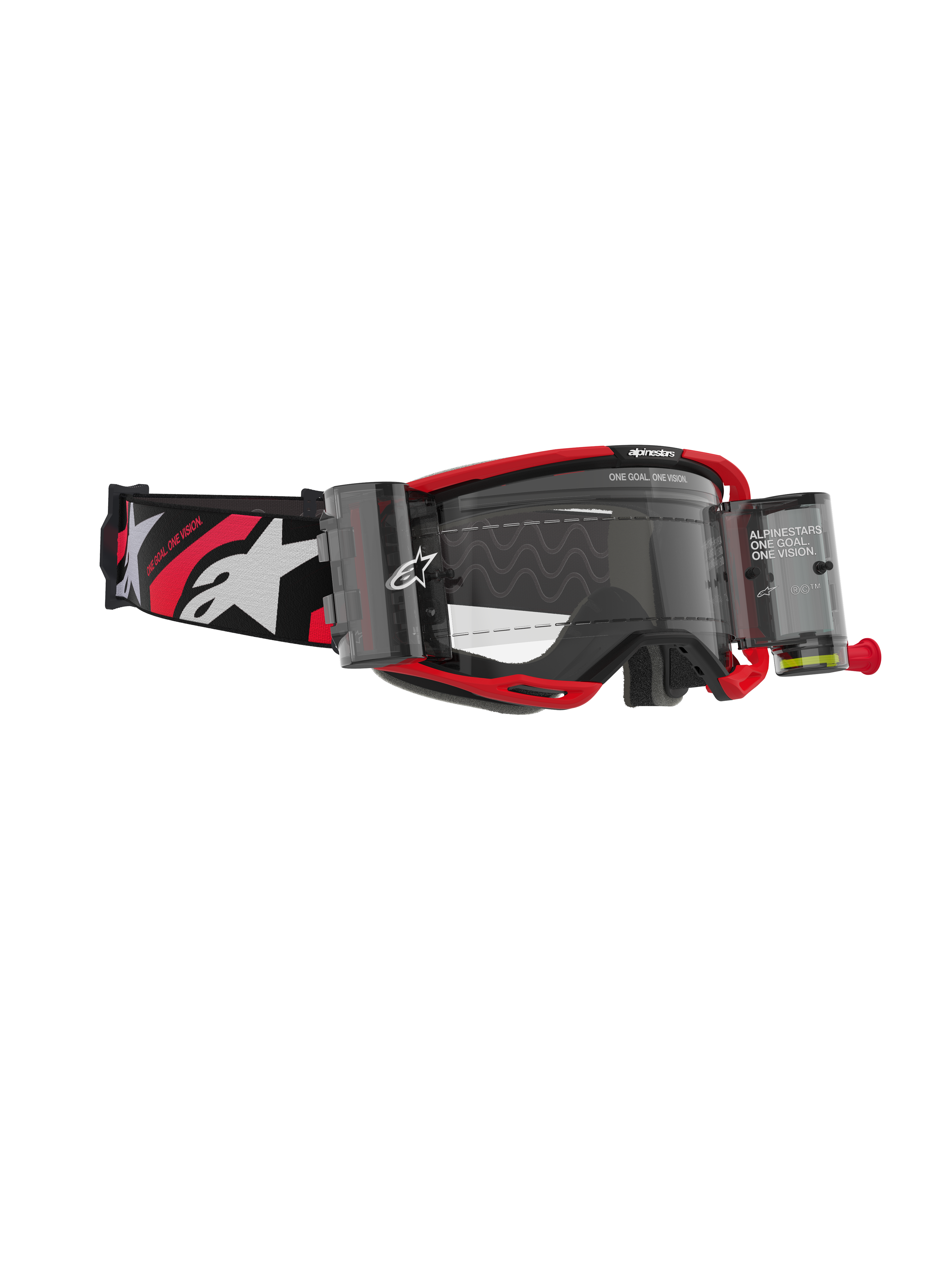 Alpinestars Vision 8 Luar Goggles Roll Off, motocrossbriller, rød og sort ramme med klar linse, integreret roll-off system, bred sort rem med hvide logoer og røde accenter.