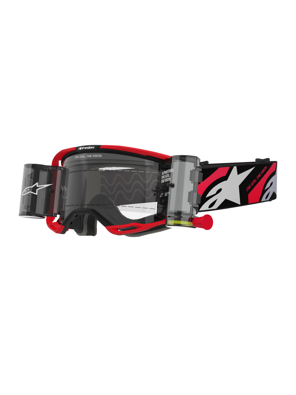 Alpinestars Vision 8 Luar Roll Off briller, motocross-briller, rød og sort, klar linse med integreret wide-vision roll-off-system, rød træktap, sort rem med hvidt stjernelogo og 'ONE GOAL ONE VISION'-grafik