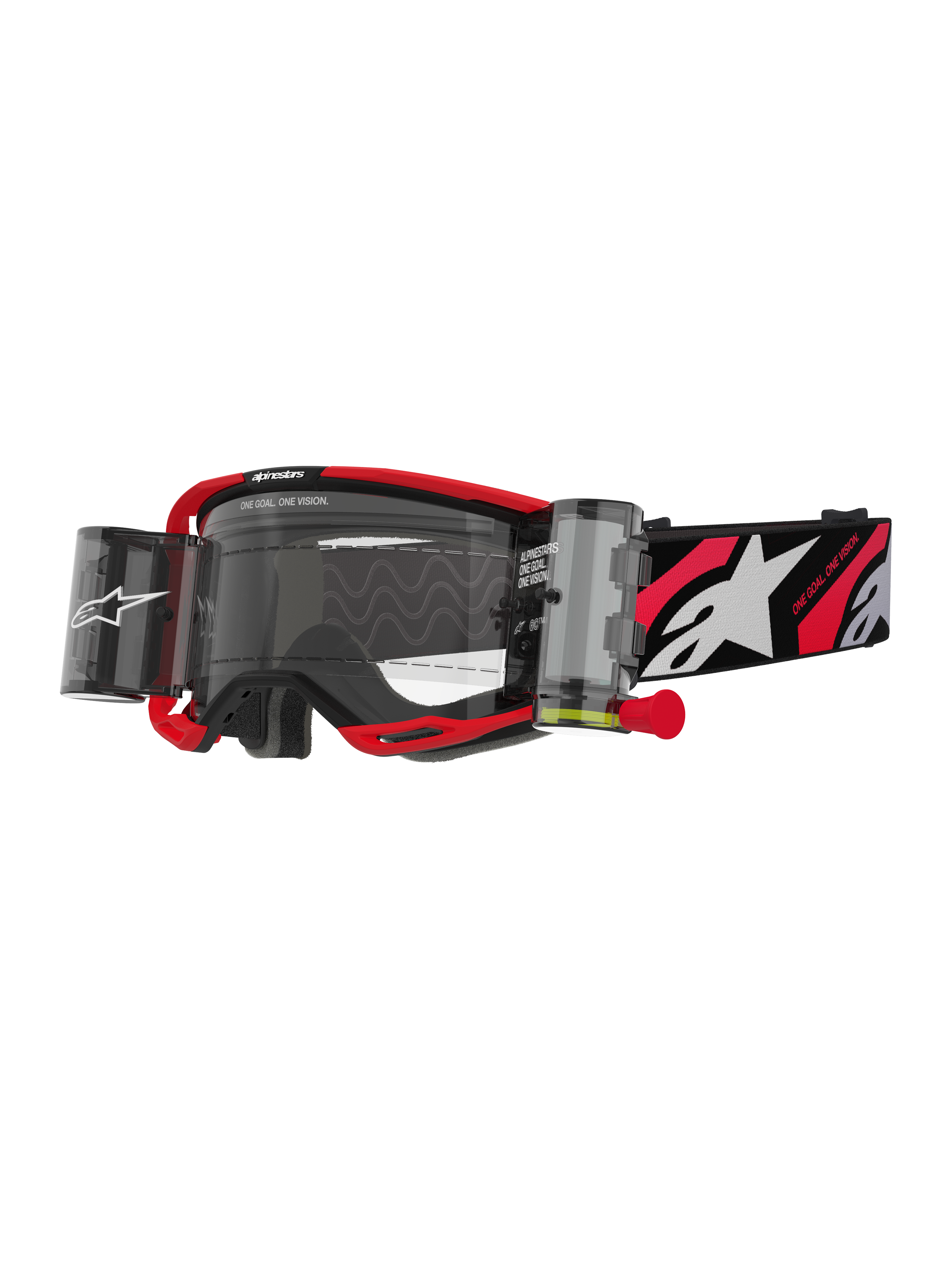 Alpinestars Vision 8 Luar Goggles Roll Off, Motocross Goggles, Red and Black, Clear Lens with integrated wide-vision roll-off system, Red pull tab, Black strap with white star logo and 'ONE GOAL ONE VISION' graphics