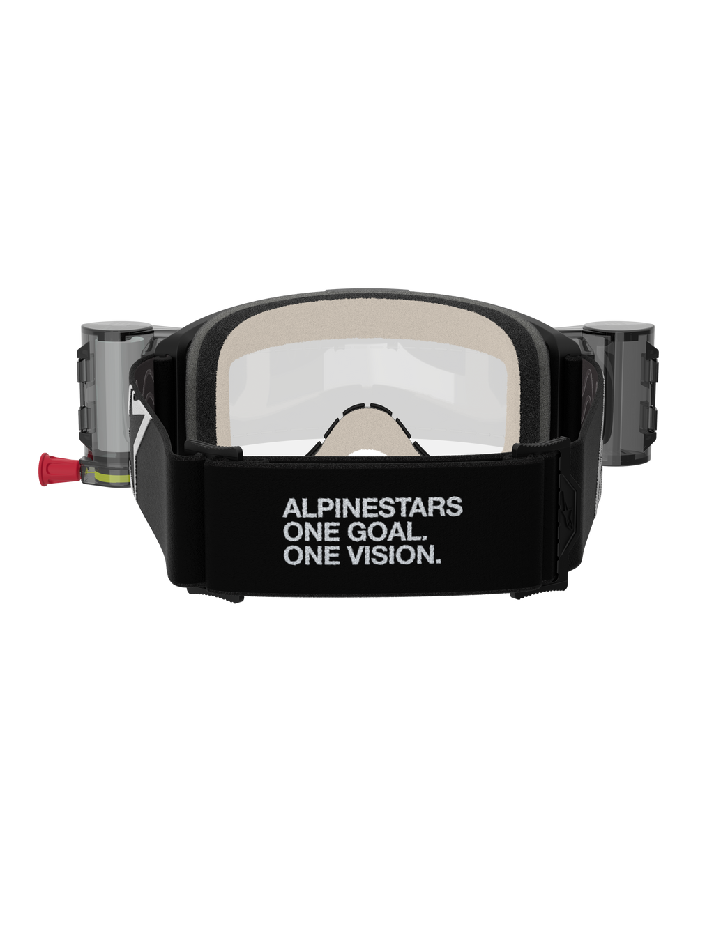 Alpinestars Vision 5 Corp Goggles Roll Off, motocross-briller, sort og klar, set bagfra med en bred sort rem med 'ALPINESTARS ONE GOAL. ONE VISION.' branding, roll-off system-beholdere og behageligt flerlags ansigtsskum
