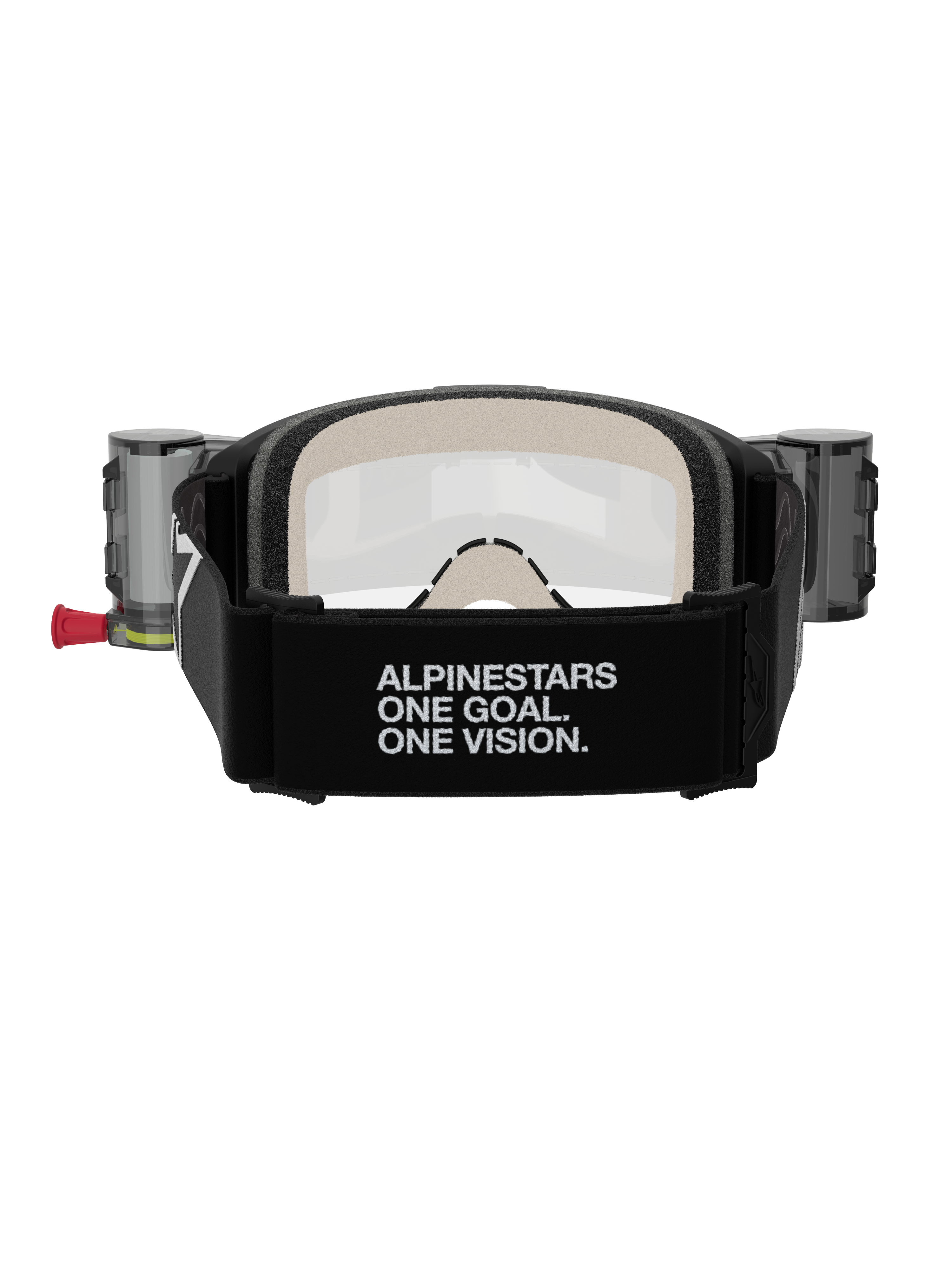 Alpinestars Vision 5 Corp Goggles Roll Off, motocross-briller, sort og klar, set bagfra med en bred sort rem med 'ALPINESTARS ONE GOAL. ONE VISION.' branding, roll-off system-beholdere og behageligt flerlags ansigtsskum