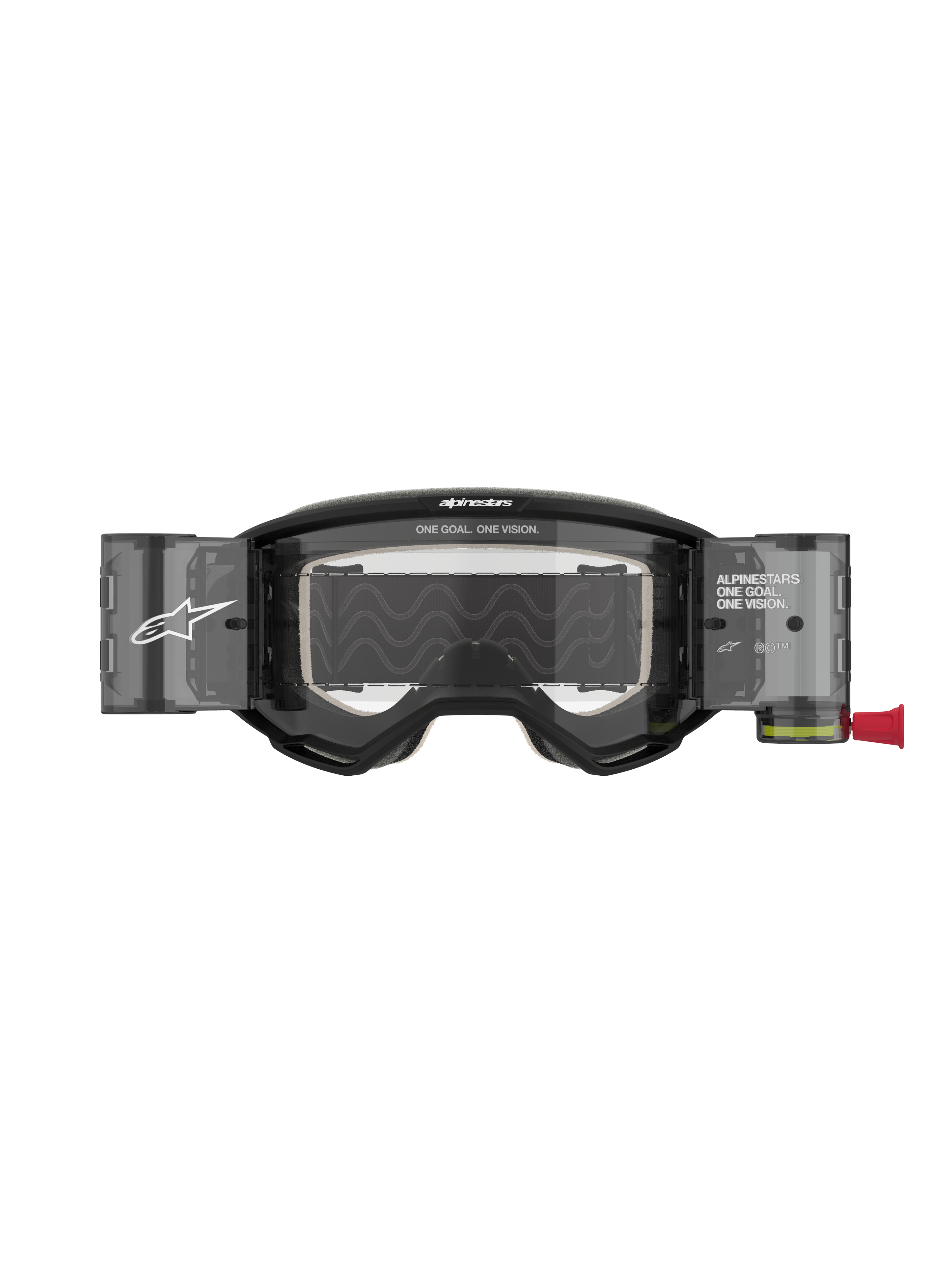 Alpinestars Vision 5 Corp Goggles Roll Off, motocross-briller, sort med klar linse, med integrerede Wide Vision Roll-Off-systembeholdere, anti-dug polycarbonatlinse, A-FLEX urethanramme og markant Alpinestars-branding.