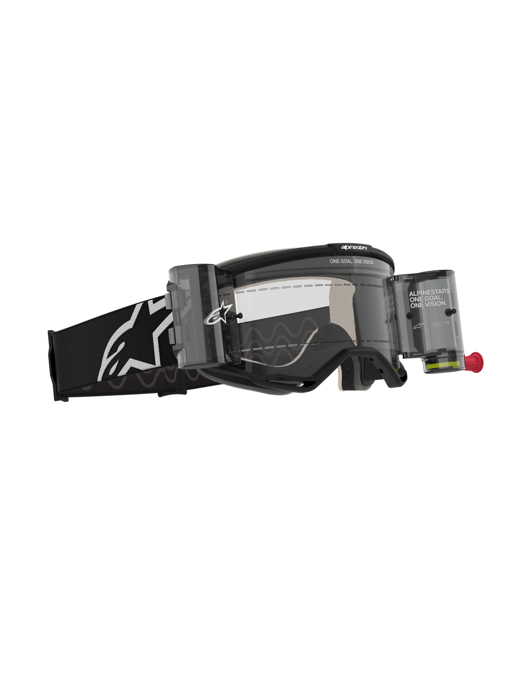 Alpinestars Vision 5 Corp Goggles Roll Off, motocross-briller, sort med klar linse, med Wide Vision Roll-Off-system, beholdere og film, sort vævet rem med hvidt Alpinestars-logo, højtydende øjenbeskyttelse til off-road kørsel
