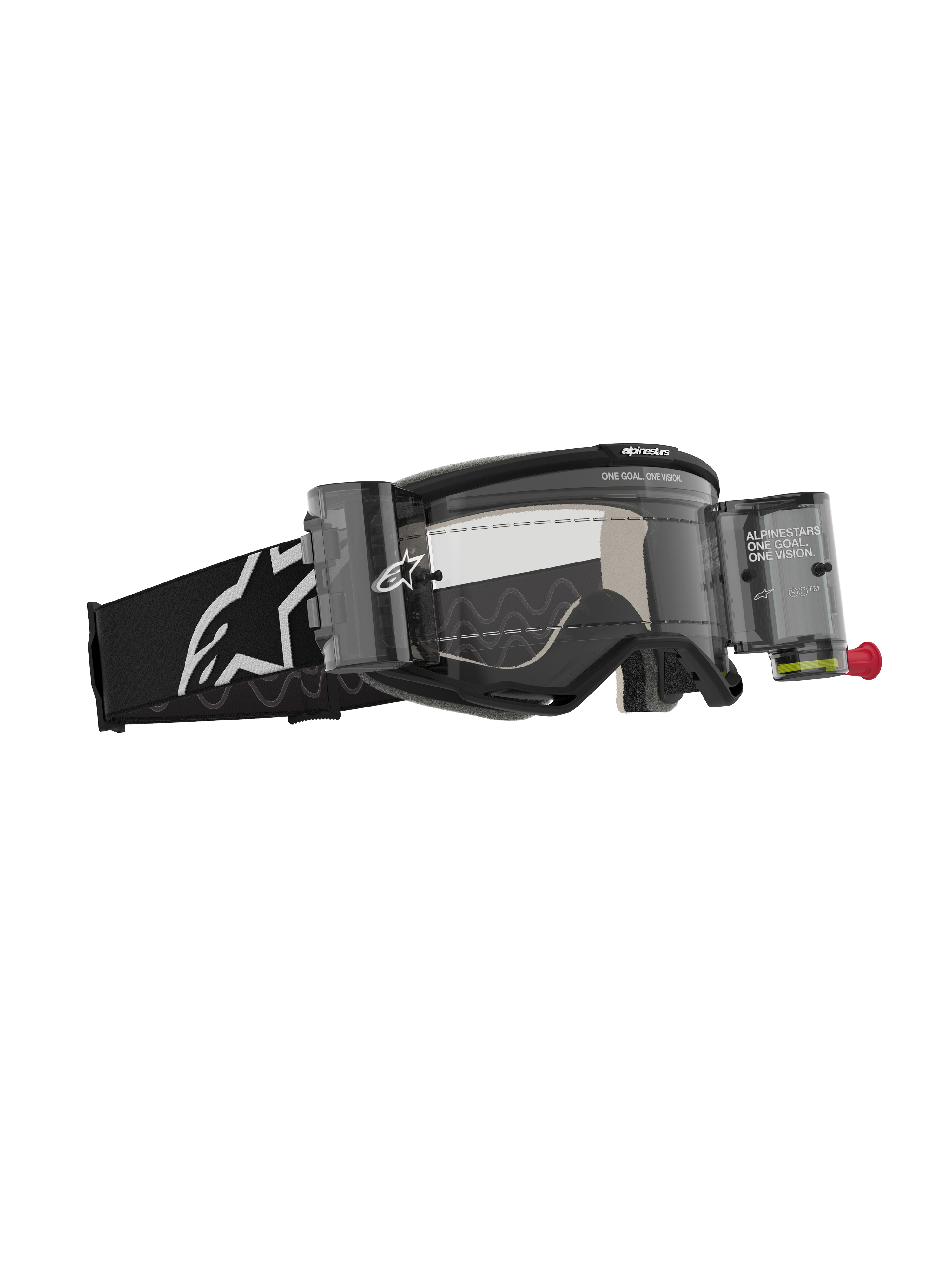 Alpinestars Vision 5 Corp Goggles Roll Off, motocross-briller, sort med klar linse, med Wide Vision Roll-Off-system, beholdere og film, sort vævet rem med hvidt Alpinestars-logo, højtydende øjenbeskyttelse til off-road kørsel