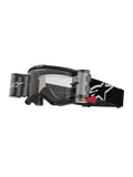 Alpinestars Vision 5 Corp Goggles Roll Off, motocrossbriller, sort og hvid, klar linse med integreret Wide Vision roll-off-system, rød trækknap, sort rem med hvidt stjernelogo, ONE GOAL ONE VISION-branding