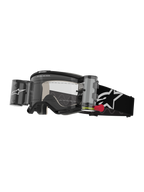 Alpinestars Vision 5 Corp Goggles Roll Off, motocrossbriller, sort og hvid, klar linse med integreret Wide Vision roll-off-system, rød trækknap, sort rem med hvidt stjernelogo, ONE GOAL ONE VISION-branding