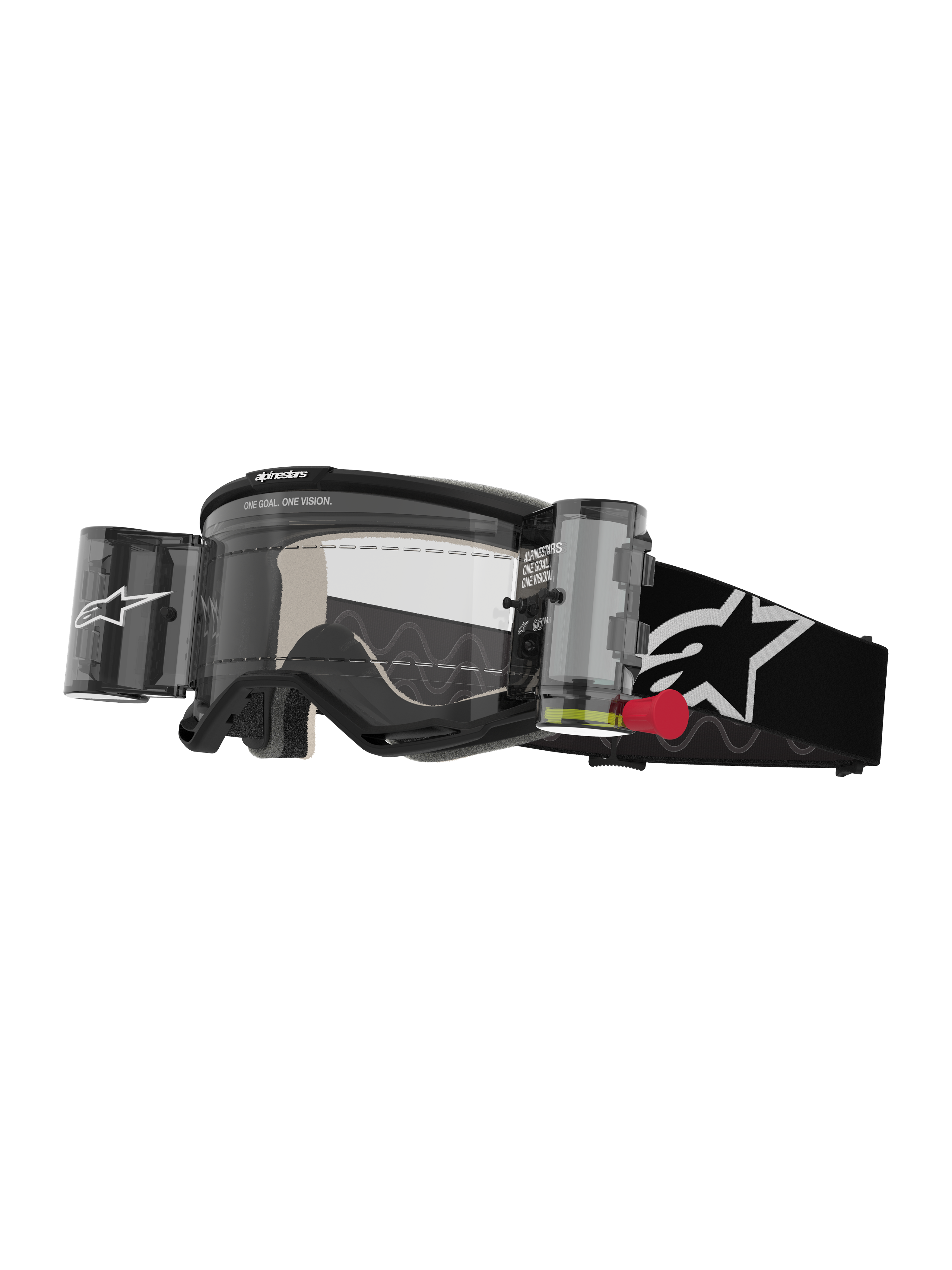 Alpinestars Vision 5 Corp Goggles Roll Off, motocrossbriller, sort og hvid, klar linse med integreret Wide Vision roll-off-system, rød trækknap, sort rem med hvidt stjernelogo, ONE GOAL ONE VISION-branding