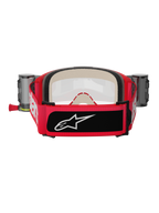 Alpinestars Vision 5 Blaze Roll-Off briller, rød og sort, set bagfra viser bred vævet rem med hvidt logo og sort logomærke, tykt flerlagsskum og Wide Vision Roll-Off-systembeholdere på siderne, beskyttelsesudstyr til motocross