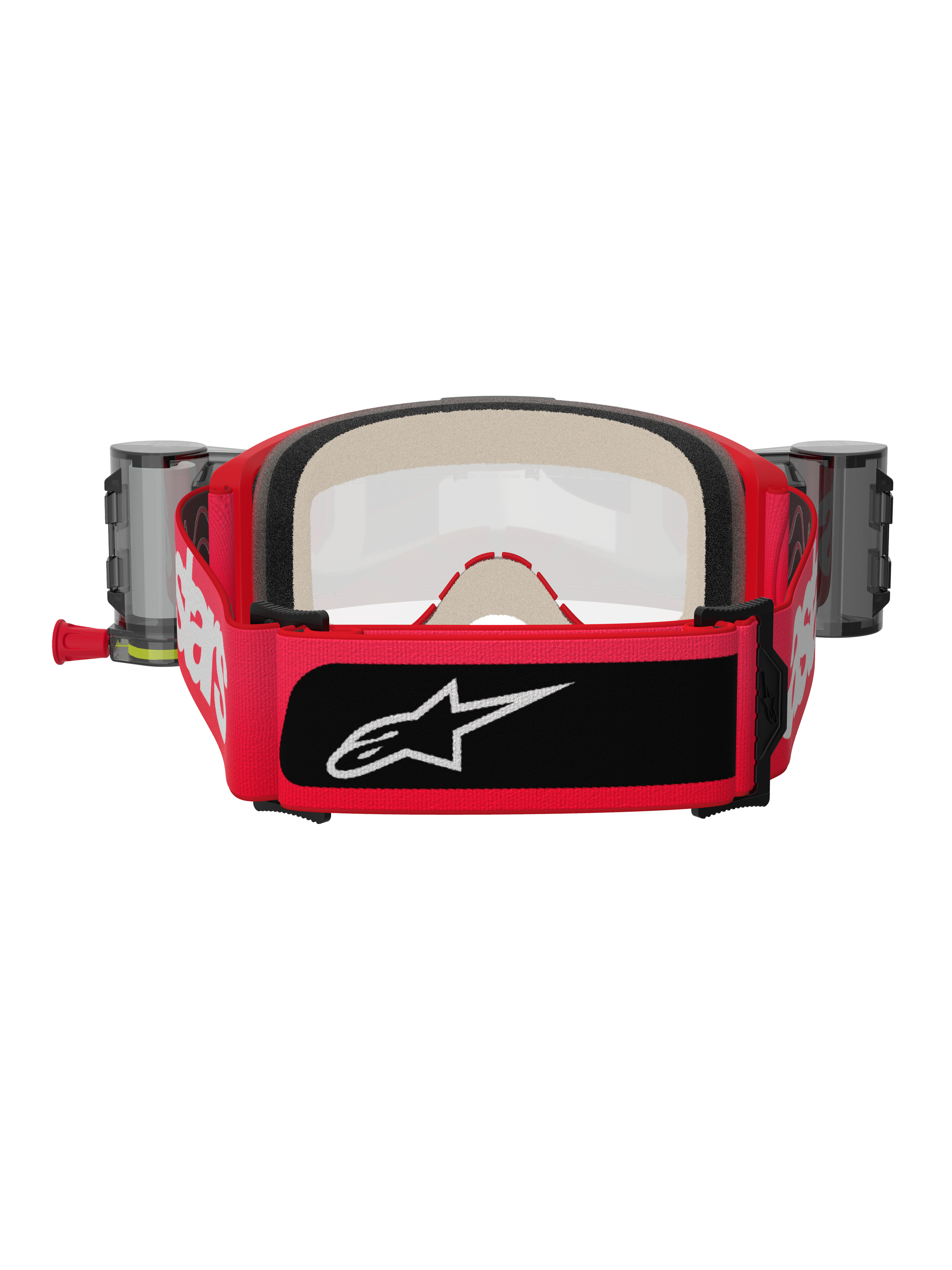 Alpinestars Vision 5 Blaze Roll-Off briller, rød og sort, set bagfra viser bred vævet rem med hvidt logo og sort logomærke, tykt flerlagsskum og Wide Vision Roll-Off-systembeholdere på siderne, beskyttelsesudstyr til motocross