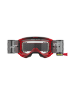 Alpinestars Vision 5 Blaze Goggles Roll Off, motocross-briller, rød ramme med klar linse, med integreret Wide Vision Roll-Off-system og sidebeholdere, 'ONE GOAL. ONE VISION.'-branding på rammen og linsen, professionel øjenbeskyttelse til terrænkørsel.