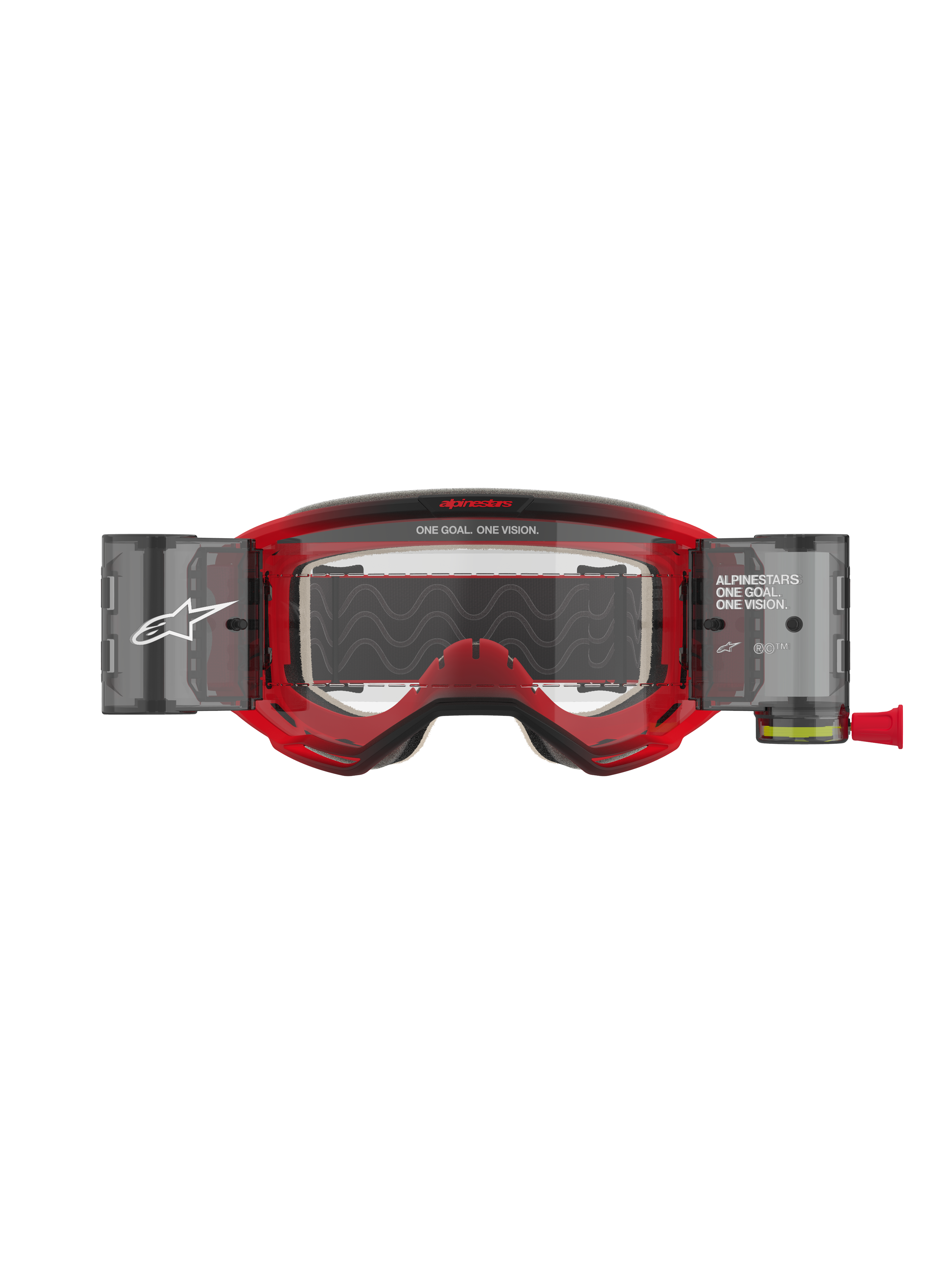 Alpinestars Vision 5 Blaze Goggles Roll Off, motocross-briller, rød ramme med klar linse, med integreret Wide Vision Roll-Off-system og sidebeholdere, 'ONE GOAL. ONE VISION.'-branding på rammen og linsen, professionel øjenbeskyttelse til terrænkørsel.