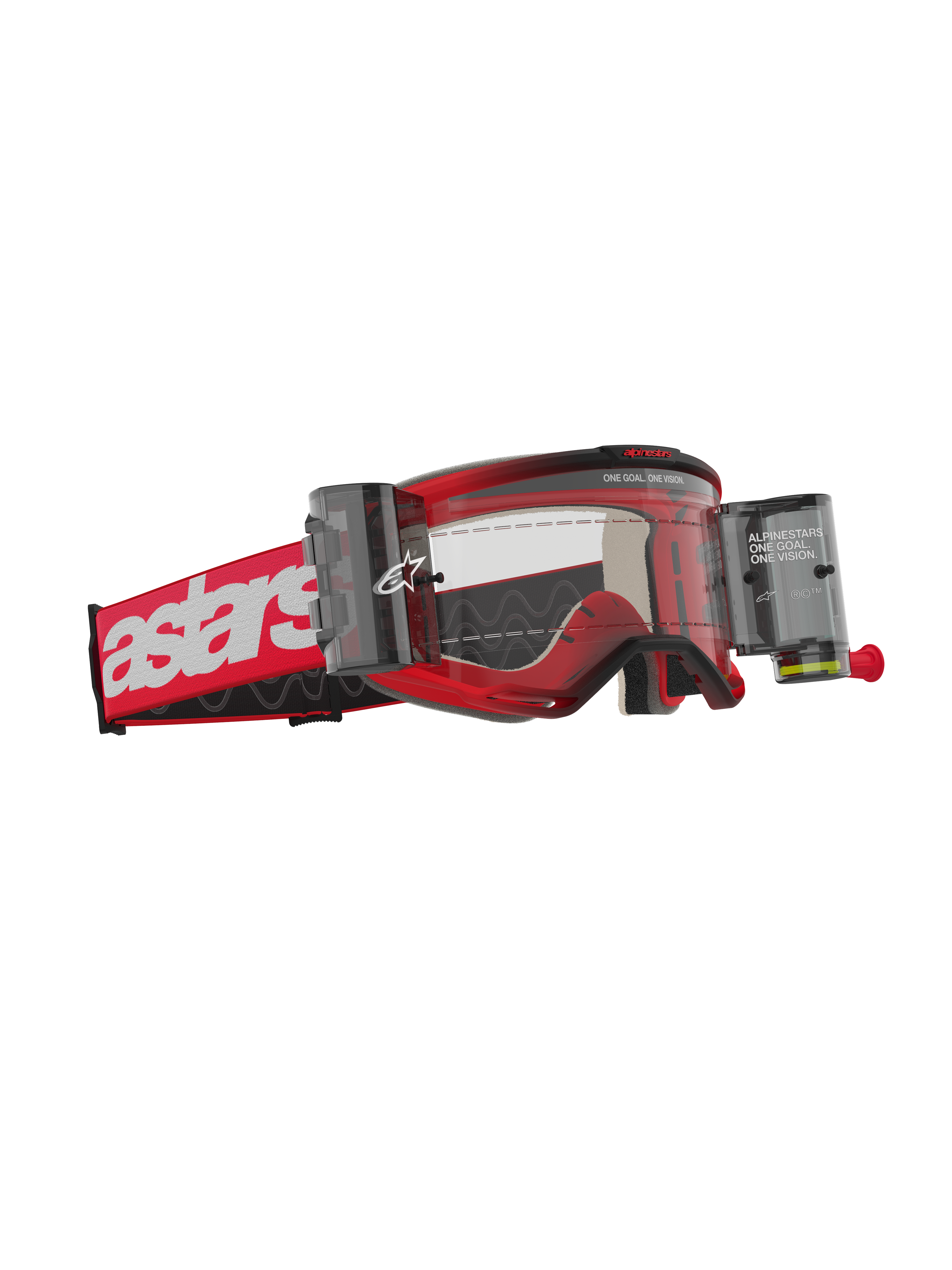 Alpinestars Vision 5 Blaze Goggles Roll Off, motocross-briller, rød ramme med hvidt astars-logo på remmen, klar linse med integrerede Wide Vision Roll-Off system-beholdere, holdbar øjenbeskyttelse til off-road kørsel