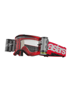 Alpinestars Vision 5 Blaze Goggles Roll Off, motocross-beskyttelsesbriller, rød og hvid, klar linse med integreret Wide Vision Roll-Off filmsystem, dobbelte sidebeholdere, rød vævet rem med markant hvidt astars-branding, slidstærk urethan-ramme med skumpolstring, off-road racerbriller