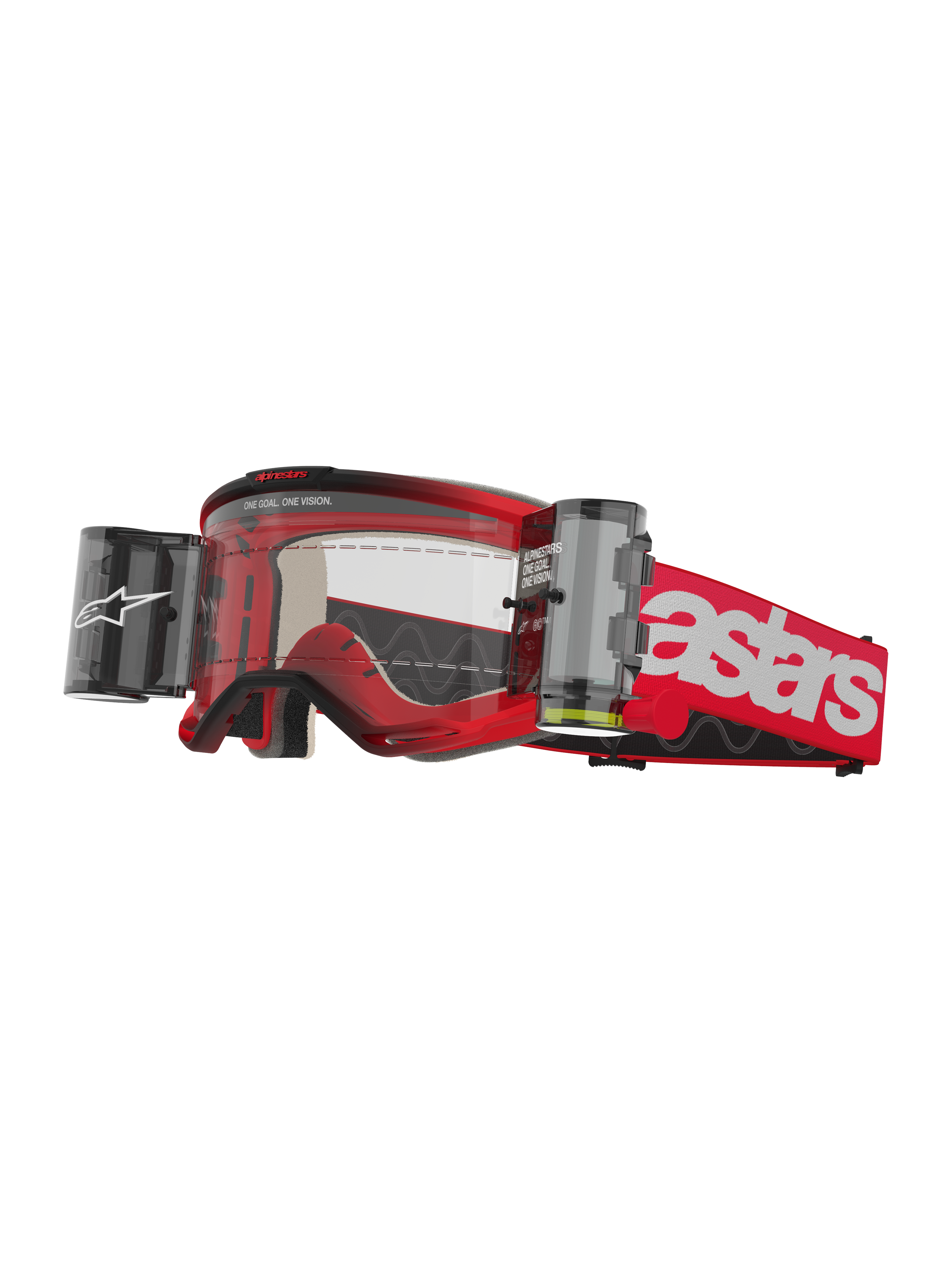 Alpinestars Vision 5 Blaze Goggles Roll Off, motocross-beskyttelsesbriller, rød og hvid, klar linse med integreret Wide Vision Roll-Off filmsystem, dobbelte sidebeholdere, rød vævet rem med markant hvidt astars-branding, slidstærk urethan-ramme med skumpolstring, off-road racerbriller