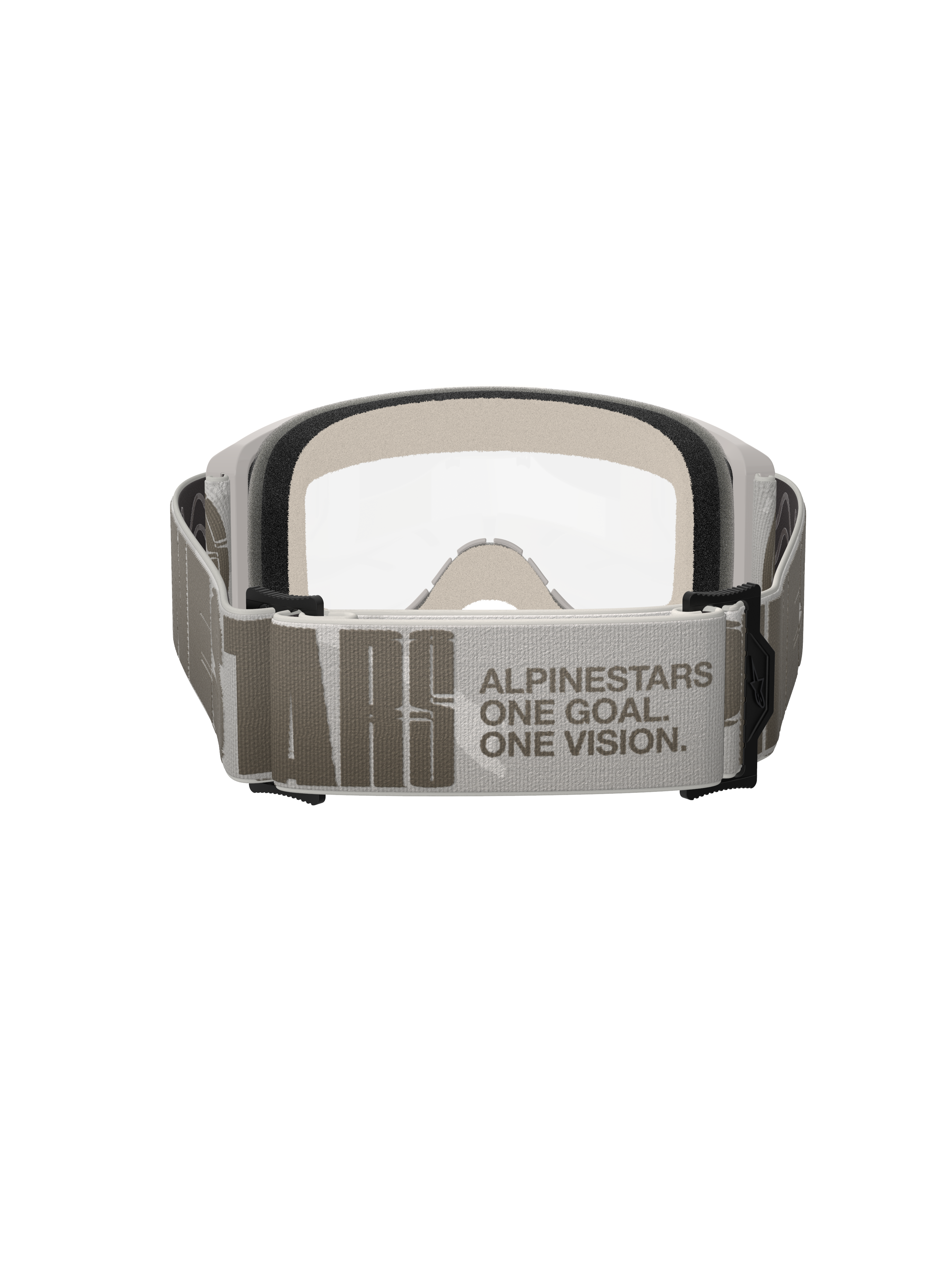 Alpinestars Vision 5 Hollow Goggles, motocross-briller, Wind Clear, set bagfra med fokus på den brede lysegrå rem med Alpinestars-branding og 'One Goal One Vision'-slogan, hvid ramme med klar linse og tykt ansigtsskum synligt