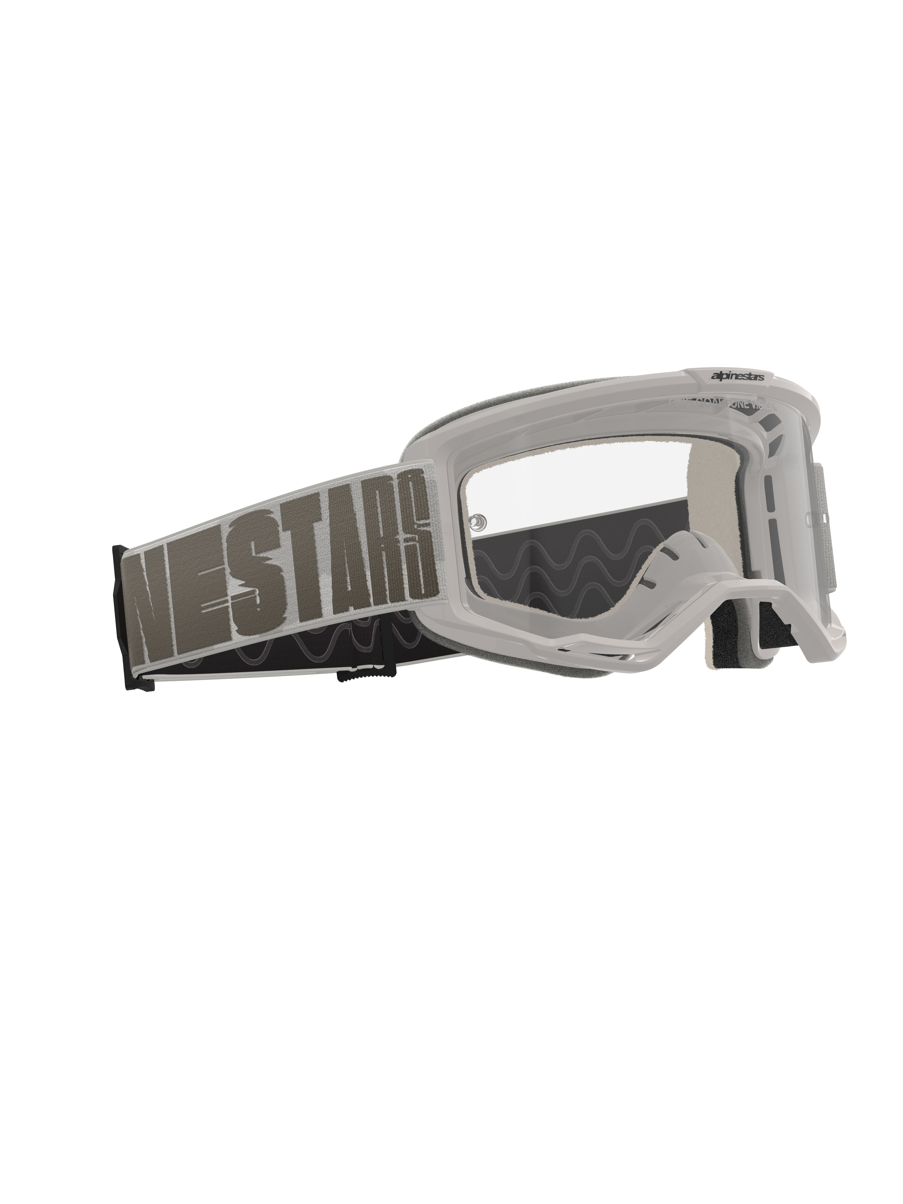 Alpinestars Vision 5 Hollow-briller, motocross-briller, Wind Clear, lysegråt stel med klar antidug-linse, bred vævet rem med markant 'NESTARS'-branding, højtydende beskyttelsesbriller til off-road kørsel