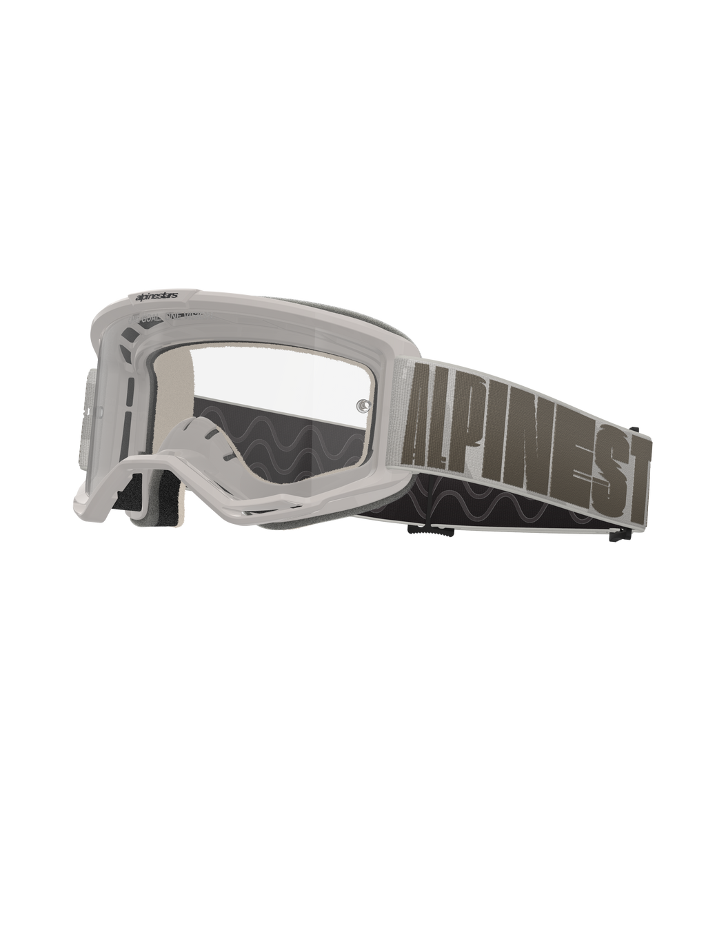 Alpinestars Vision 5 Hollow goggles, motocrossbriller, hvidt stel med klar linse, bred lysegrå rem med markant mørkegrå Alpinestars-skrift, flerlags skumpolstring, performance off-road briller