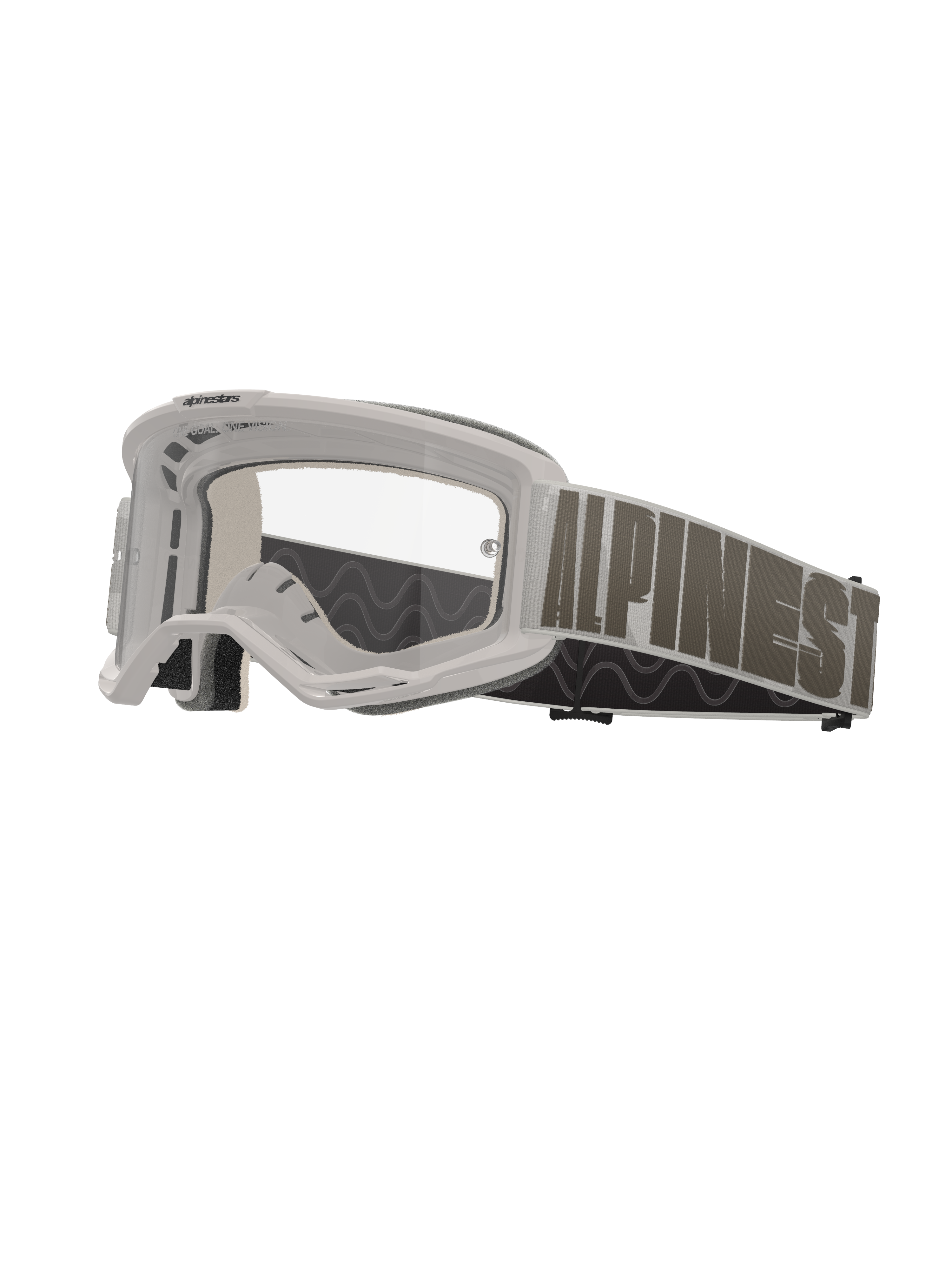 Alpinestars Vision 5 Hollow goggles, motocrossbriller, hvidt stel med klar linse, bred lysegrå rem med markant mørkegrå Alpinestars-skrift, flerlags skumpolstring, performance off-road briller