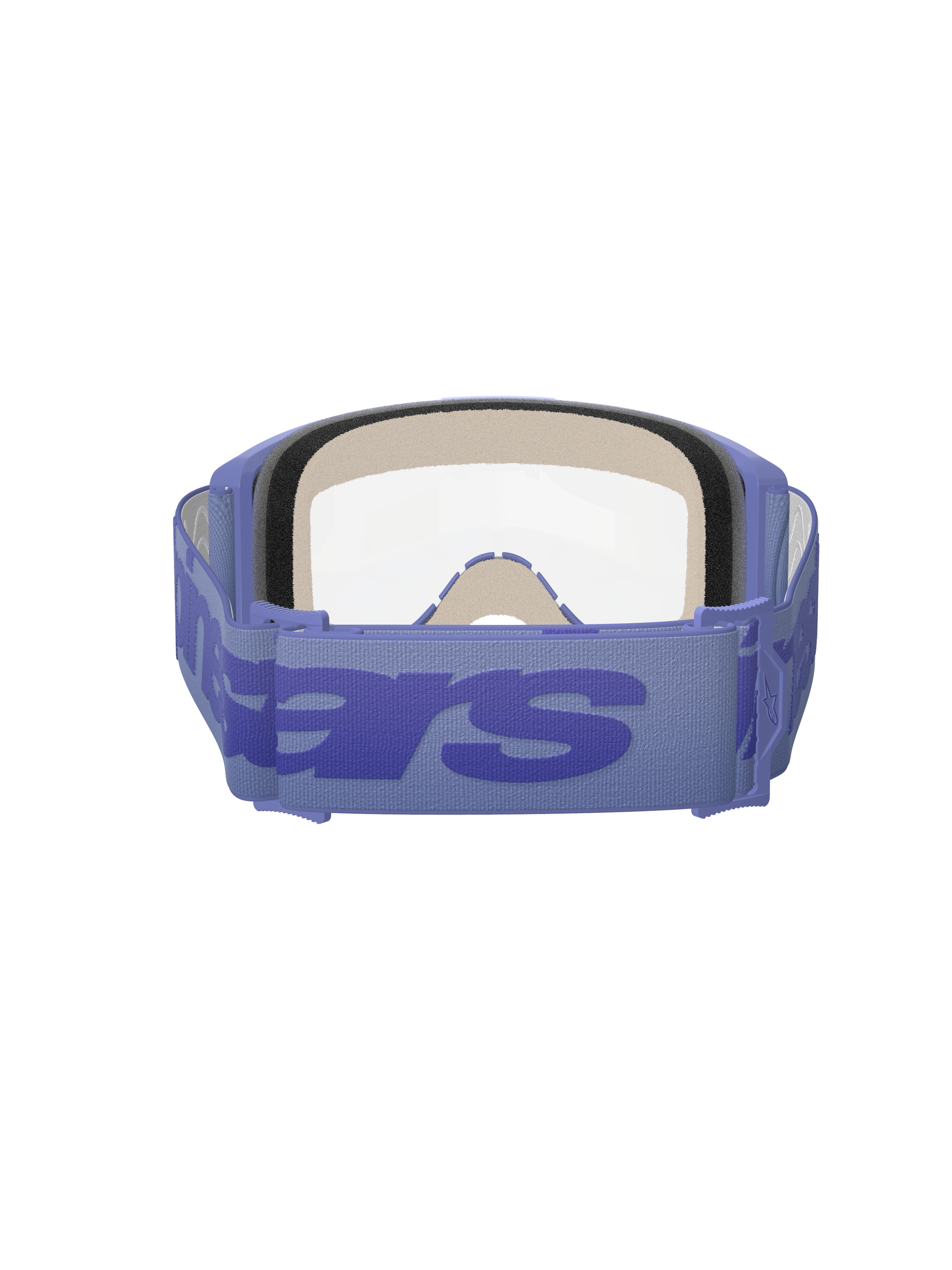 Alpinestars Vision 5 Wordmark Goggles, lilla og klare, set bagfra viser tre-lags ansigtsskum, bred lilla vævet rem med markant wordmark-branding, klar linse, designet til motocross og terrænkørsel