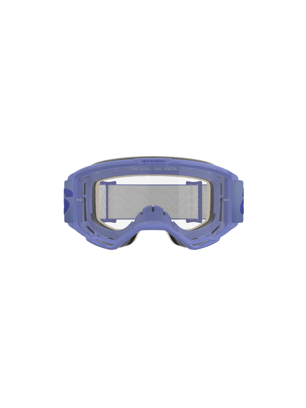 Alpinestars Vision 5 Wordmark Goggles, lilla og klare, med let A-FLEX urethanramme, klar anti-dug polycarbonatlinse med 'ONE GOAL. ONE VISION.' branding, 17 mm flerlags ansigtsskum og lilla vævet rem med markant wordmark-logo, professionel motocross-øjenbeskyttelse