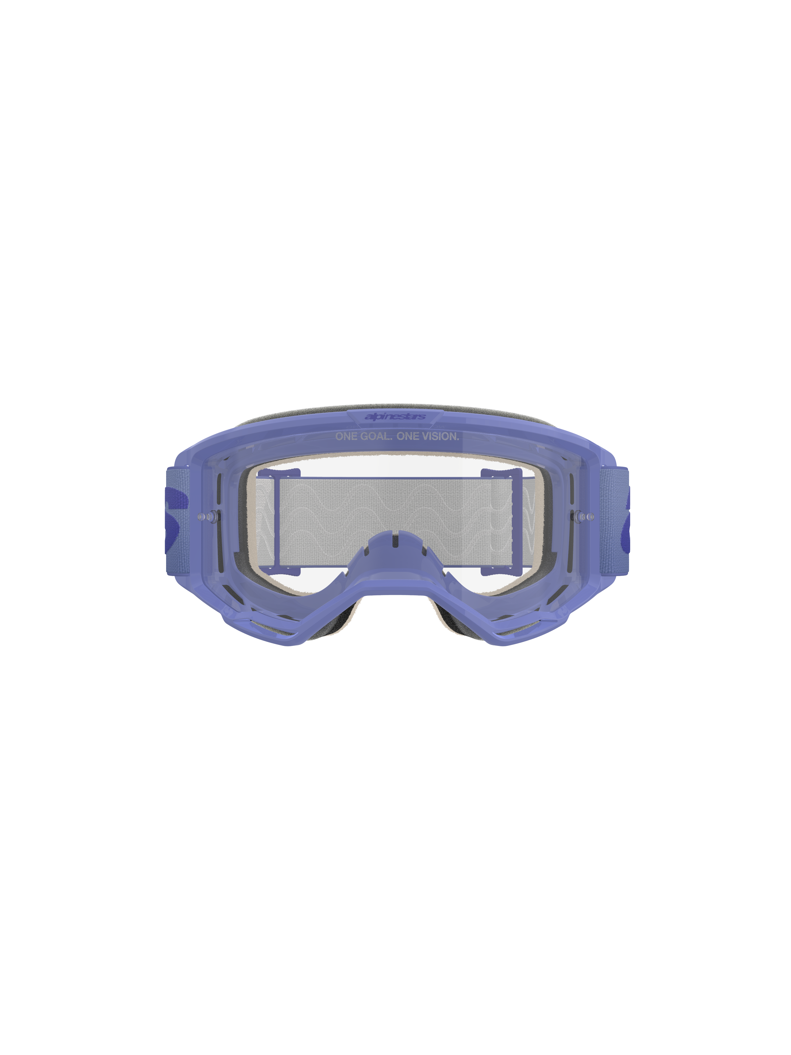 Alpinestars Vision 5 Wordmark Goggles, lilla og klare, med let A-FLEX urethanramme, klar anti-dug polycarbonatlinse med 'ONE GOAL. ONE VISION.' branding, 17 mm flerlags ansigtsskum og lilla vævet rem med markant wordmark-logo, professionel motocross-øjenbeskyttelse