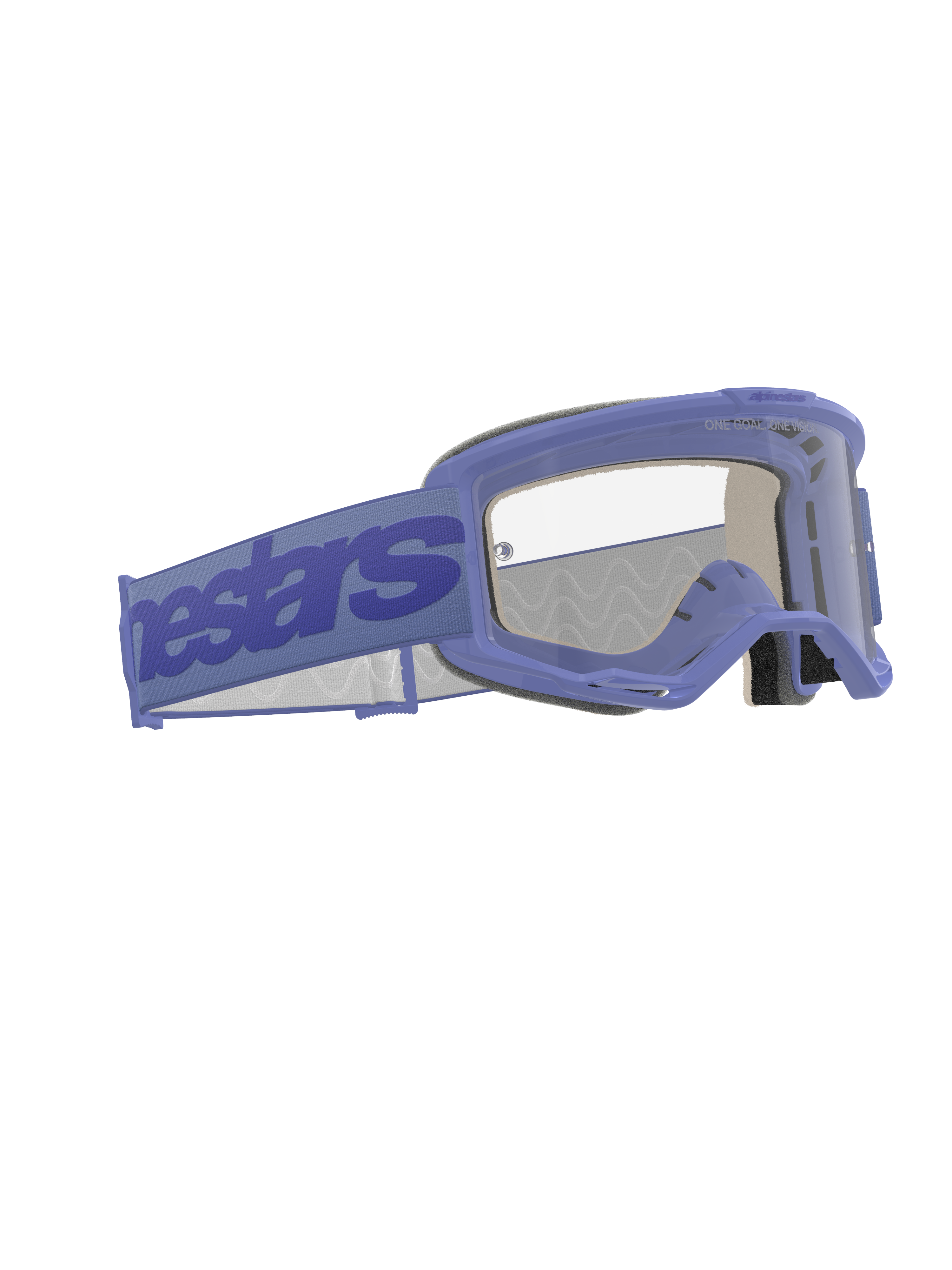Alpinestars Vision 5 Wordmark Goggles, motocross-briller, lilla og klar, med en bred lilla rem med Alpinestars-branding, fleksibel urethan-ramme, klar anti-dug-linse og flerlags ansigtsskum