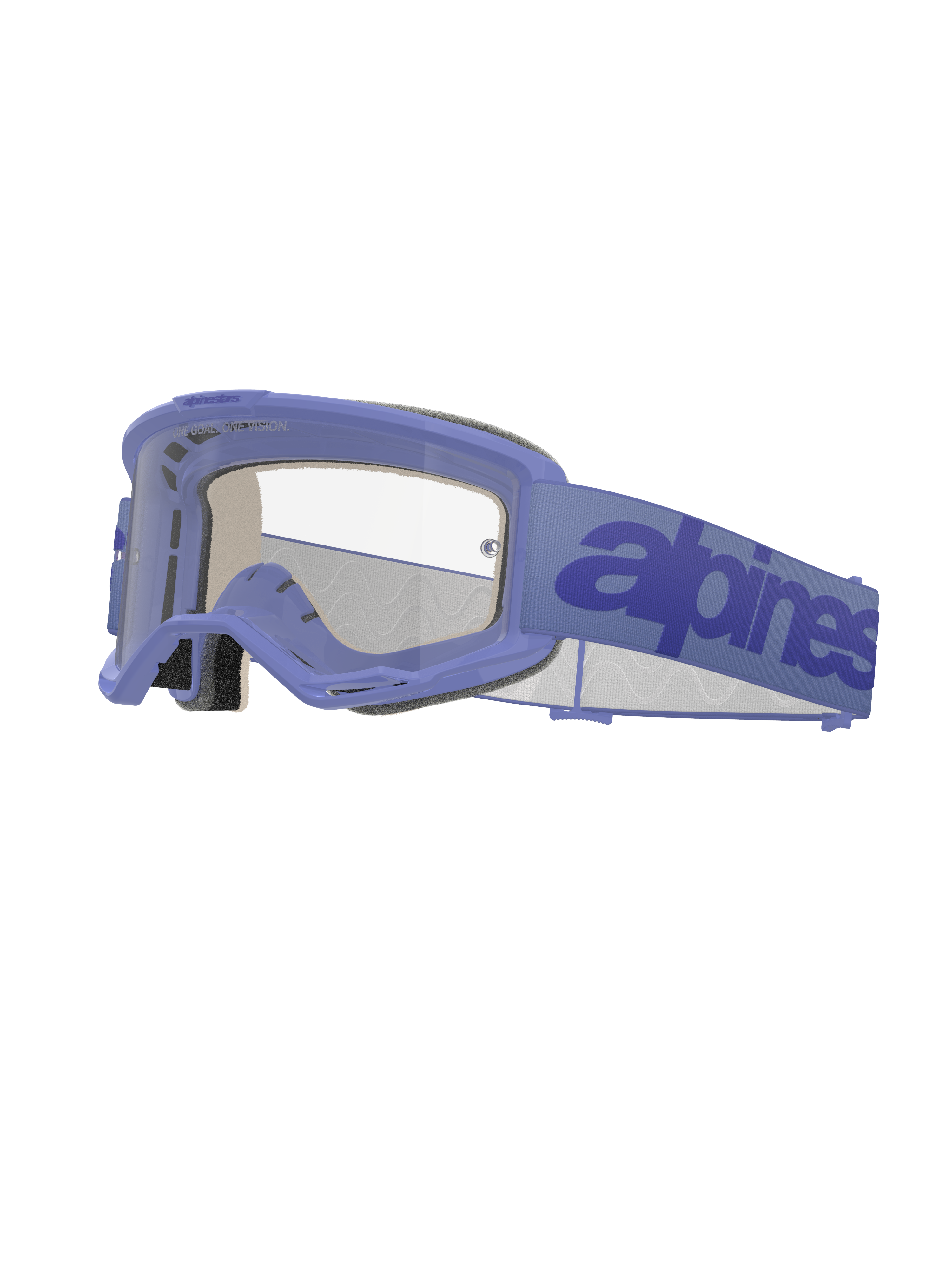 Alpinestars Vision 5 Wordmark beskyttelsesbriller, motocrossbriller, lyslilla stel med klar linse, lilla rem med mørkeblåt logo, ventileret A-FLEX-design, multi-stage ansigtsskum, off-road øjenbeskyttelse