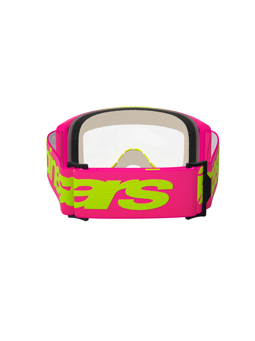 Alpinestars Vision 5 Wordmark Goggles, motocross-briller, pink og neon-gul, set bagfra viser den brede pink vævede rem med neon-gult Alpinestars-wordmark, klar linse og flerlags ansigtsskumpolstring