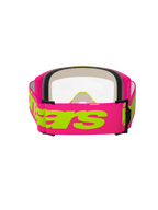 Alpinestars Vision 5 Wordmark Goggles, motocross-briller, pink og neon-gul, set bagfra viser den brede pink vævede rem med neon-gult Alpinestars-wordmark, klar linse og flerlags ansigtsskumpolstring