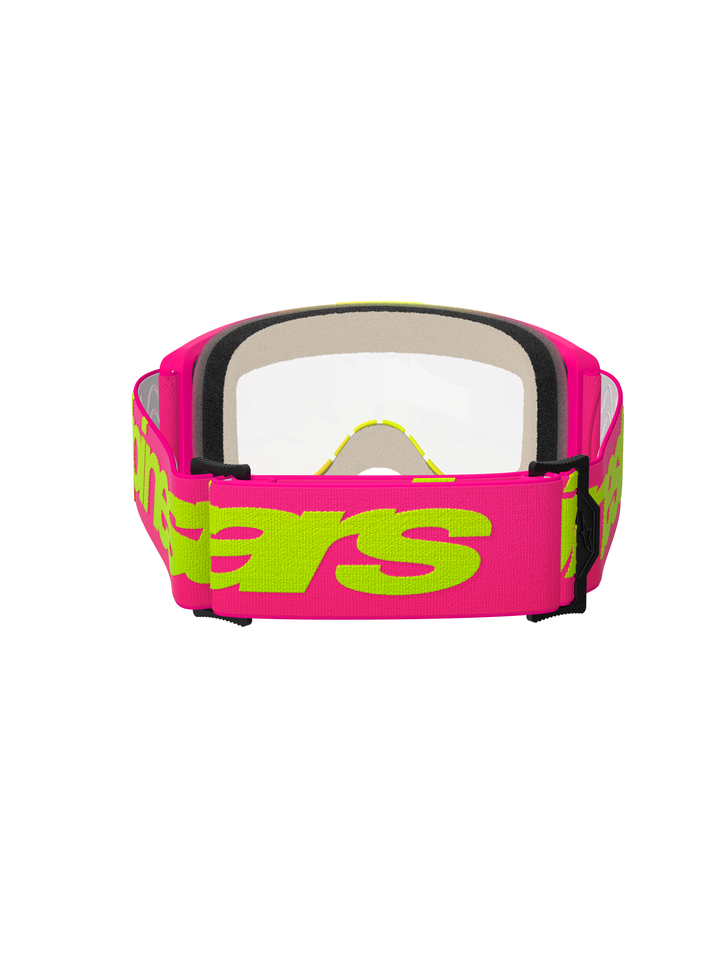 Alpinestars Vision 5 Wordmark Goggles, motocross-briller, pink og neon-gul, set bagfra viser den brede pink vævede rem med neon-gult Alpinestars-wordmark, klar linse og flerlags ansigtsskumpolstring