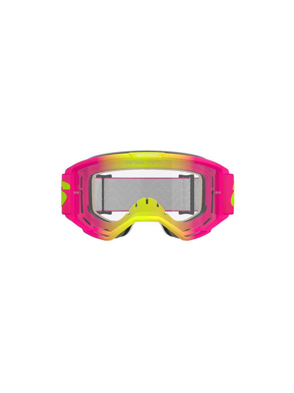 Alpinestars Vision 5 Wordmark briller, motocrossbriller, pink og fluorescerende gul med klar linse, farvestrålende gradient-ramme, bred vævet rem med gul branding, højtydende øjenbeskyttelse til off-road kørsel