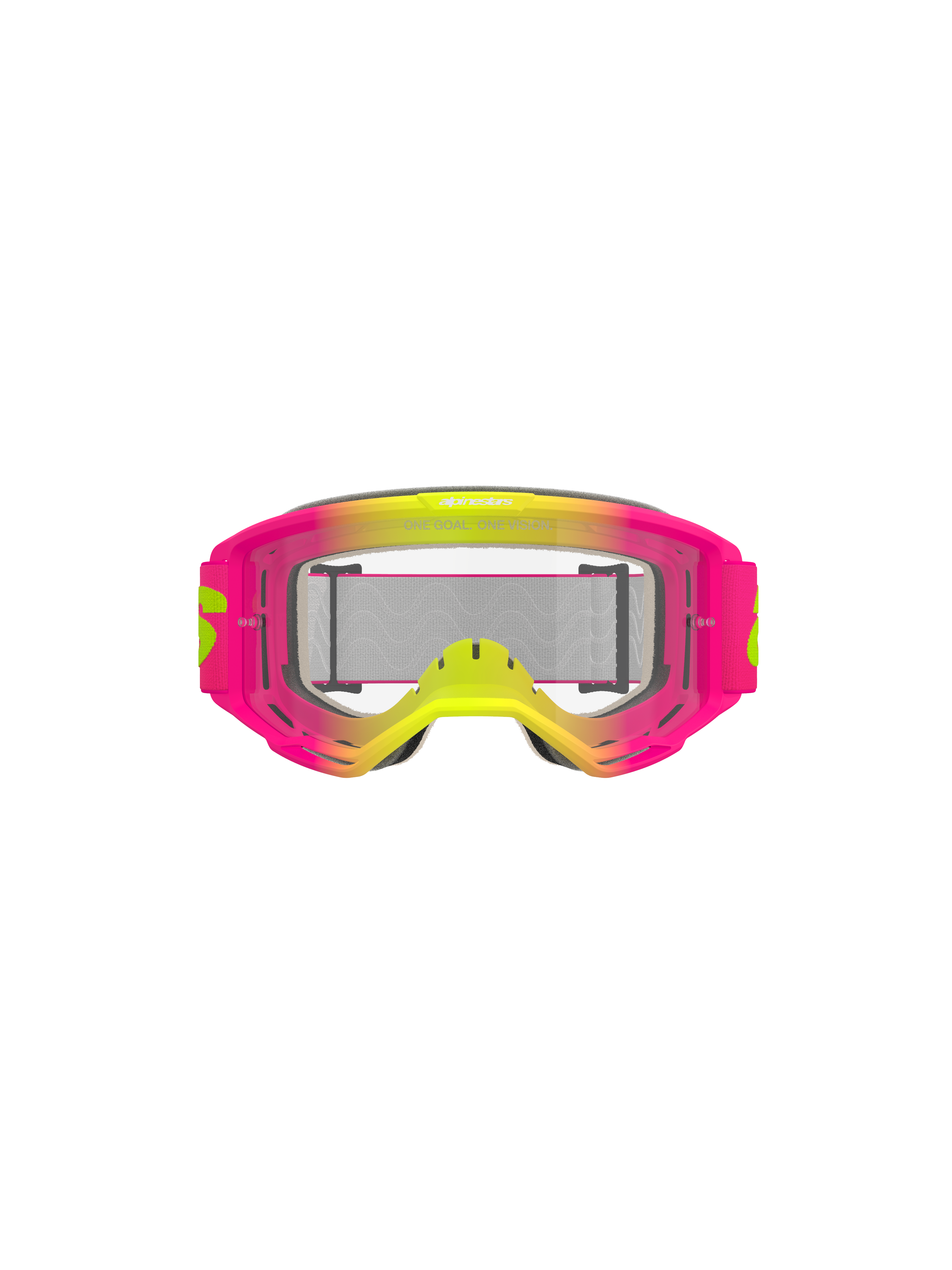 Alpinestars Vision 5 Wordmark briller, motocrossbriller, pink og fluorescerende gul med klar linse, farvestrålende gradient-ramme, bred vævet rem med gul branding, højtydende øjenbeskyttelse til off-road kørsel