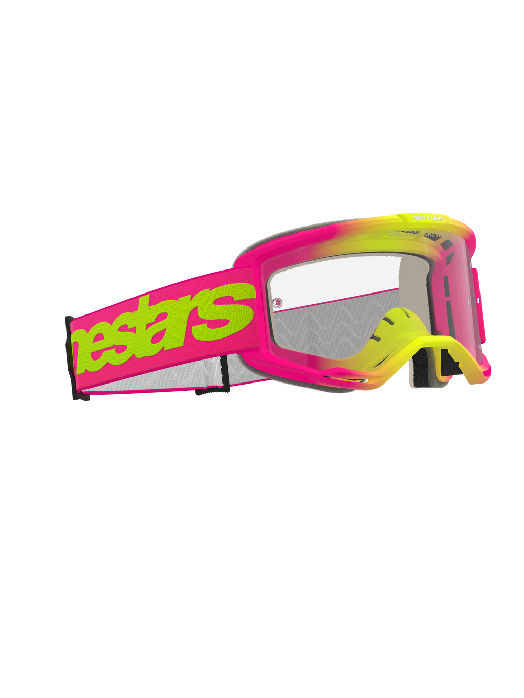 Alpinestars Vision 5 Wordmark briller, motocross-briller, pink og fluorescerende gul ramme med klar linse, bred pink rem med iøjnefaldende neongult Alpinestars wordmark-logo, højtydende øjenbeskyttelse til terrænkørsel
