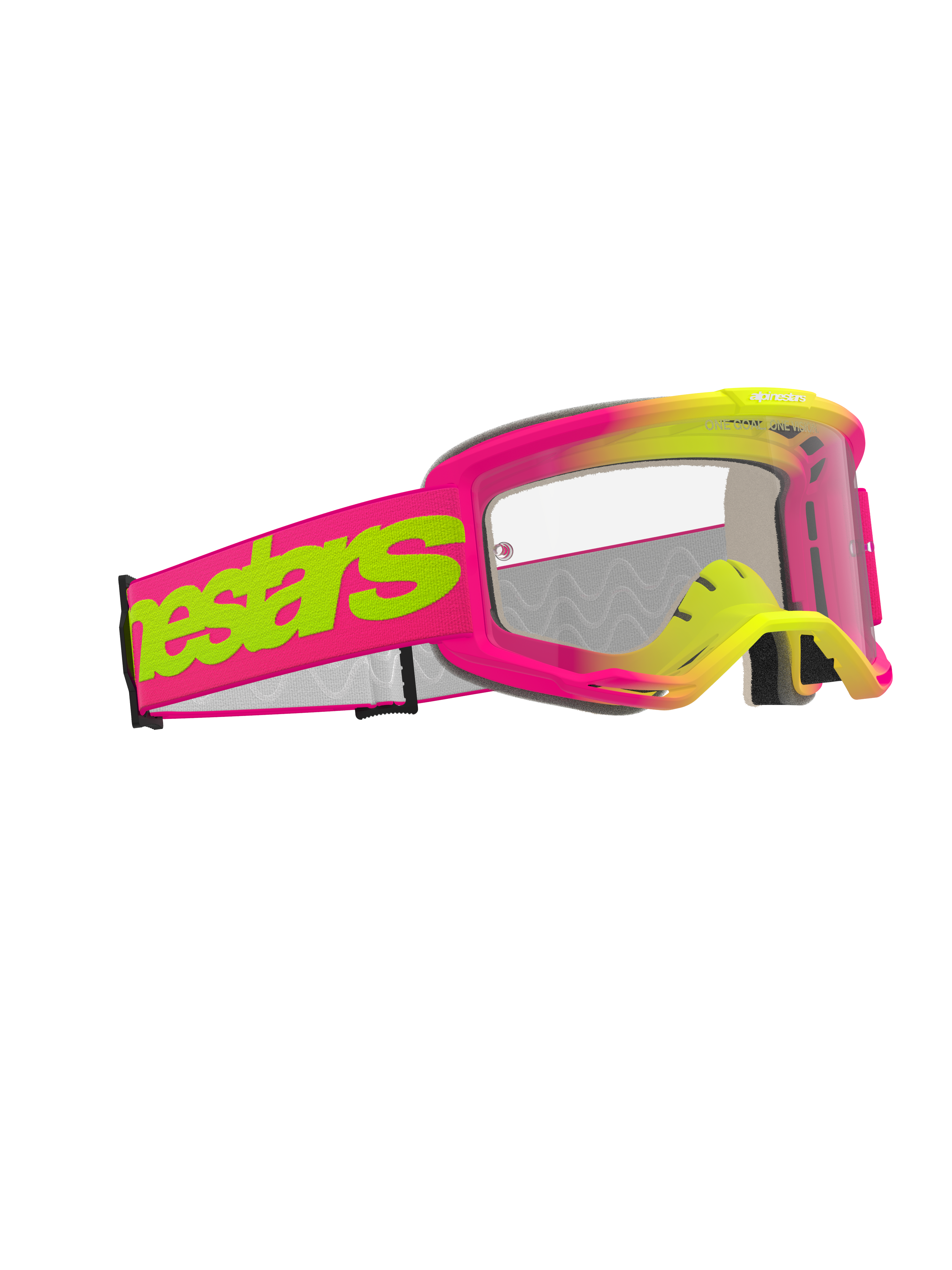 Alpinestars Vision 5 Wordmark briller, motocross-briller, pink og fluorescerende gul ramme med klar linse, bred pink rem med iøjnefaldende neongult Alpinestars wordmark-logo, højtydende øjenbeskyttelse til terrænkørsel