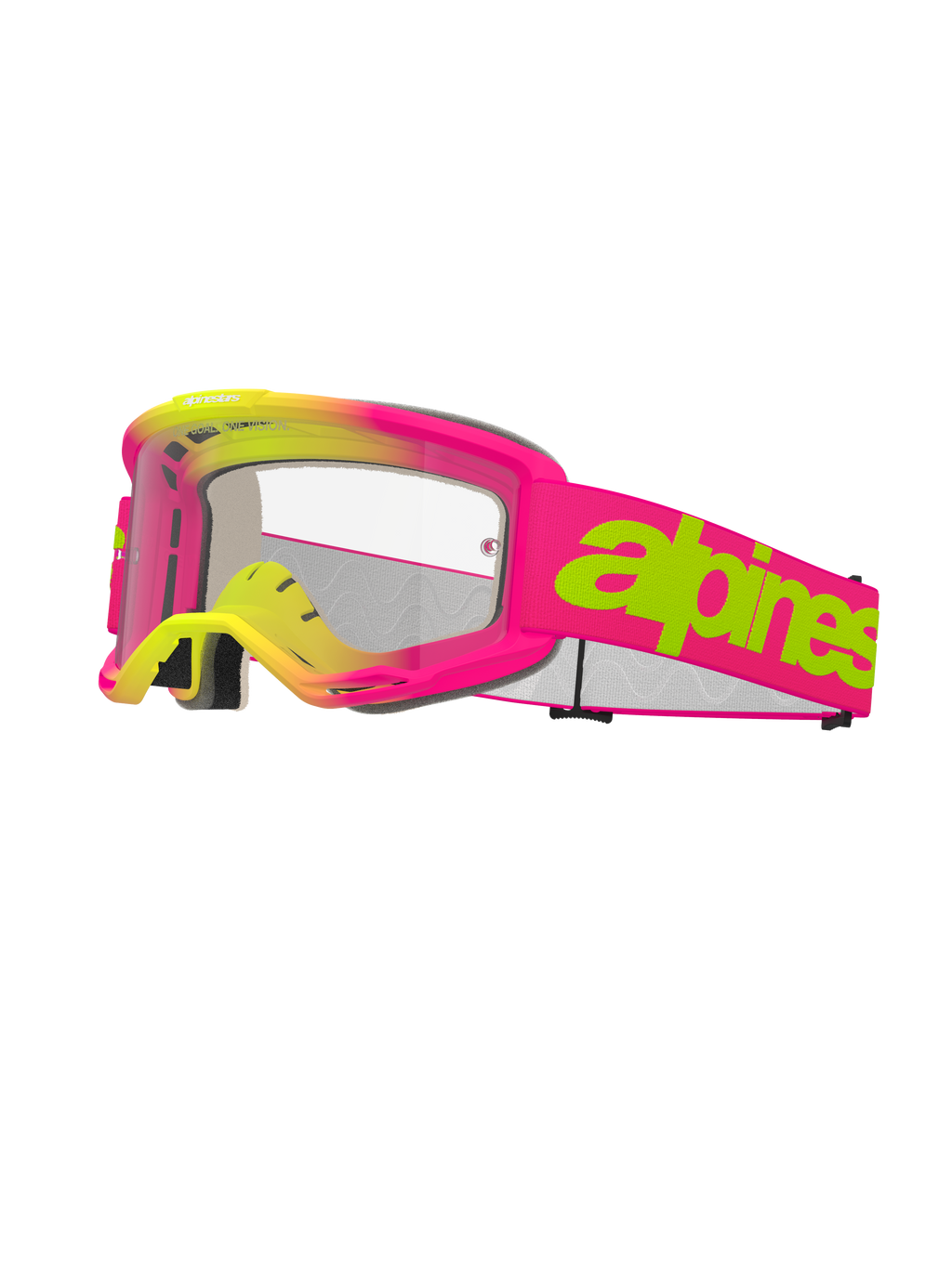 Alpinestars Vision 5 Wordmark briller, motocross-briller, pink og fluoriserende gul, klar linse, iøjnefaldende limegrønt tekstlogo på pink rem, flerlags ansigtsskum, ventileret design til off-road kørsel