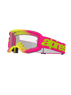 Alpinestars Vision 5 Wordmark briller, motocross-briller, pink og fluoriserende gul, klar linse, iøjnefaldende limegrønt tekstlogo på pink rem, flerlags ansigtsskum, ventileret design til off-road kørsel