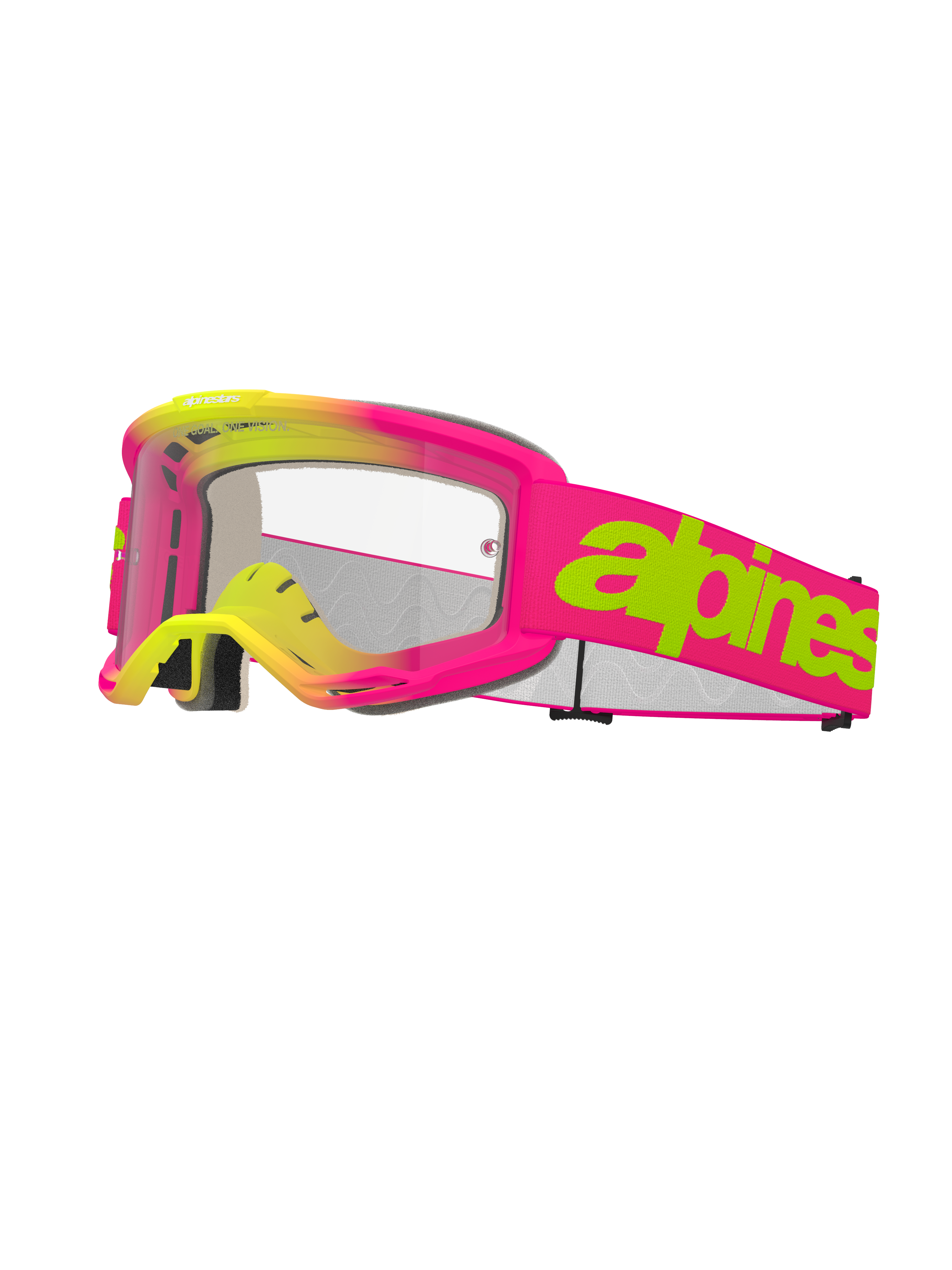 Alpinestars Vision 5 Wordmark briller, motocross-briller, pink og fluoriserende gul, klar linse, iøjnefaldende limegrønt tekstlogo på pink rem, flerlags ansigtsskum, ventileret design til off-road kørsel