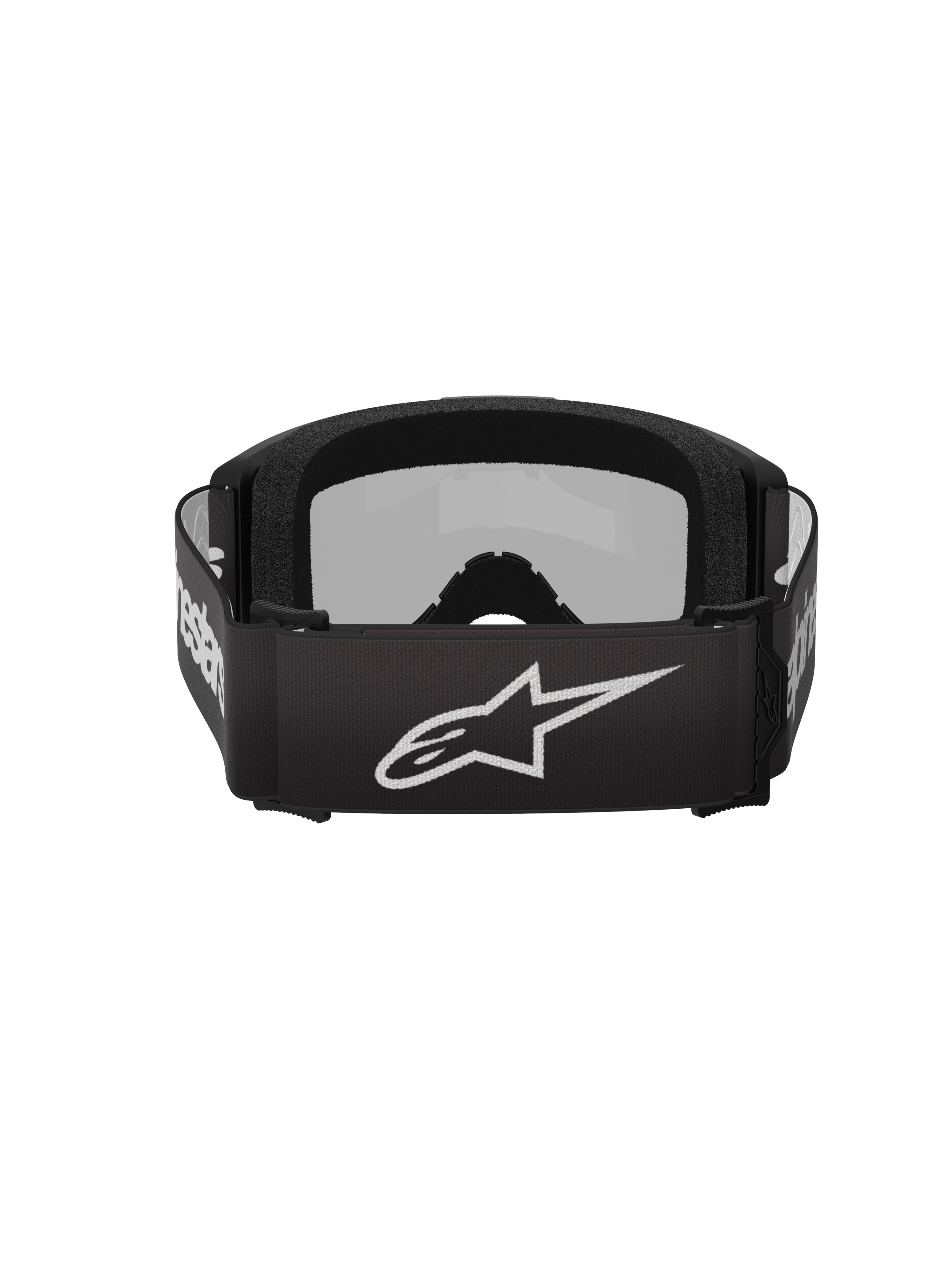 Alpinestars Vision 3 Wordmark Goggles, motocross-briller, sort og spejlsølv, set bagfra med en sort vævet rem med et hvidt Alpinestars-logo og blød indvendig skumpolstring.
