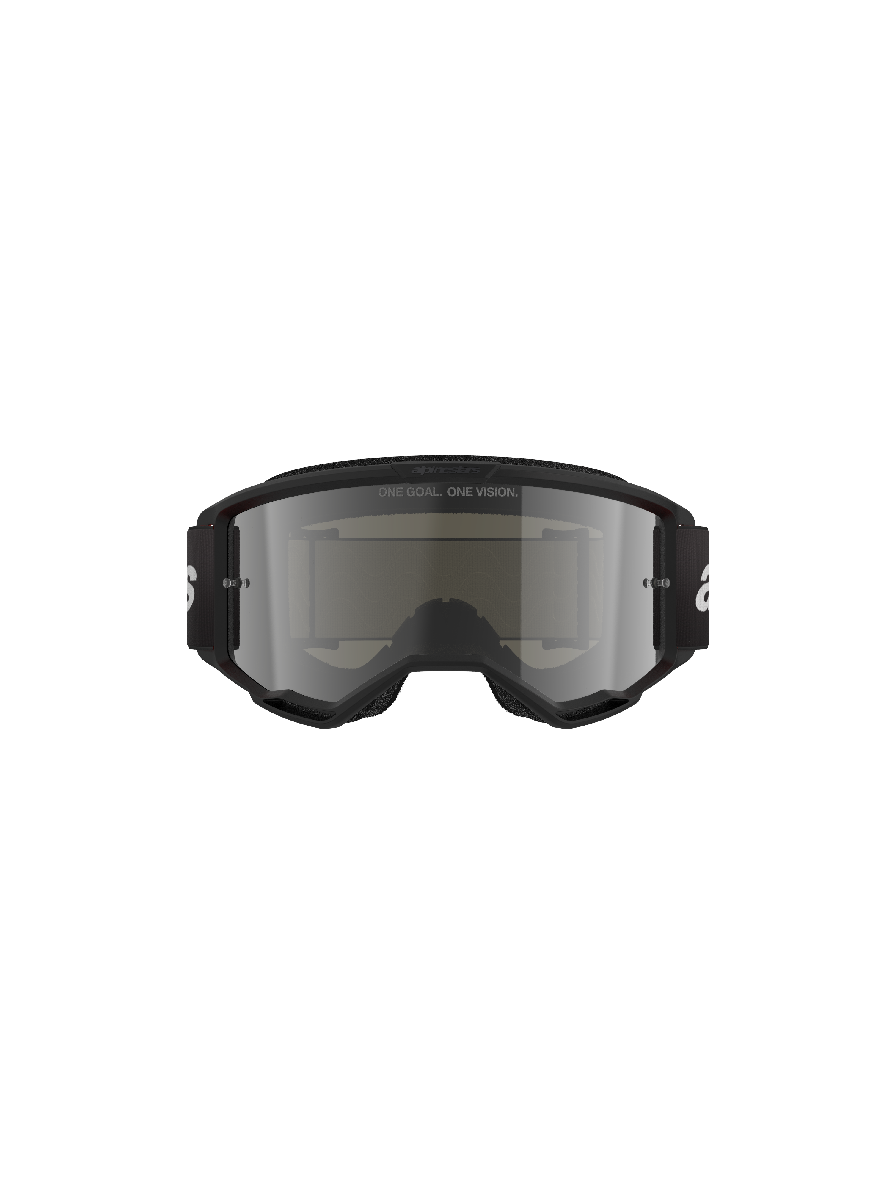 Alpinestars Vision 3 Wordmark Goggles, motocross-briller, Black Mirror Silver, med en elegant sort ramme og sølvspejlet linse, sort vævet rem med hvidt logo, designet til terrænkørsel og øjenbeskyttelse