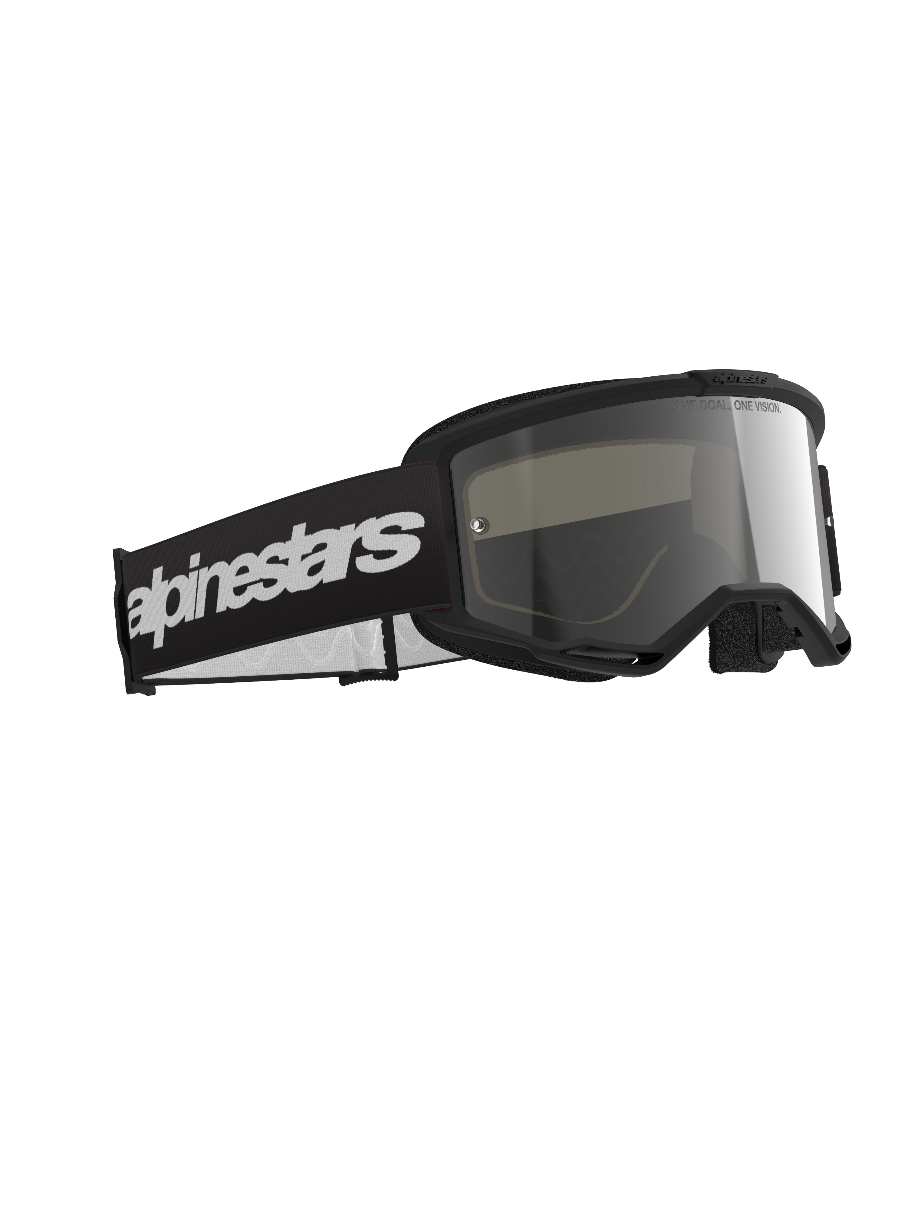 Alpinestars Vision 3 Wordmark Goggles, motocross-briller, sort ramme med Mirror Silver-linse, bred sort rem med markant hvidt Alpinestars wordmark-logo, strømlinet beskyttelsesudstyr til off-road racing