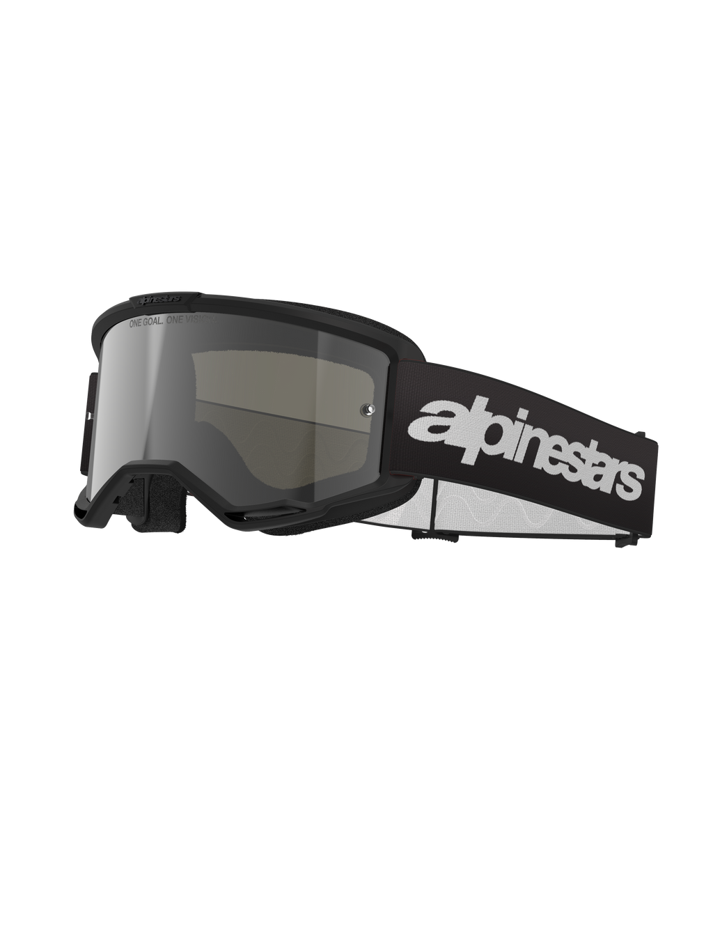 Alpinestars Vision 3 Wordmark Goggles, motocross beskyttelsesbriller, sort og spejlsølv, bred sølvtonet linse, justerbar sort rem med hvidt tekstlogo, skumforet ramme med ventilationsporte, designet til off-road kørsel