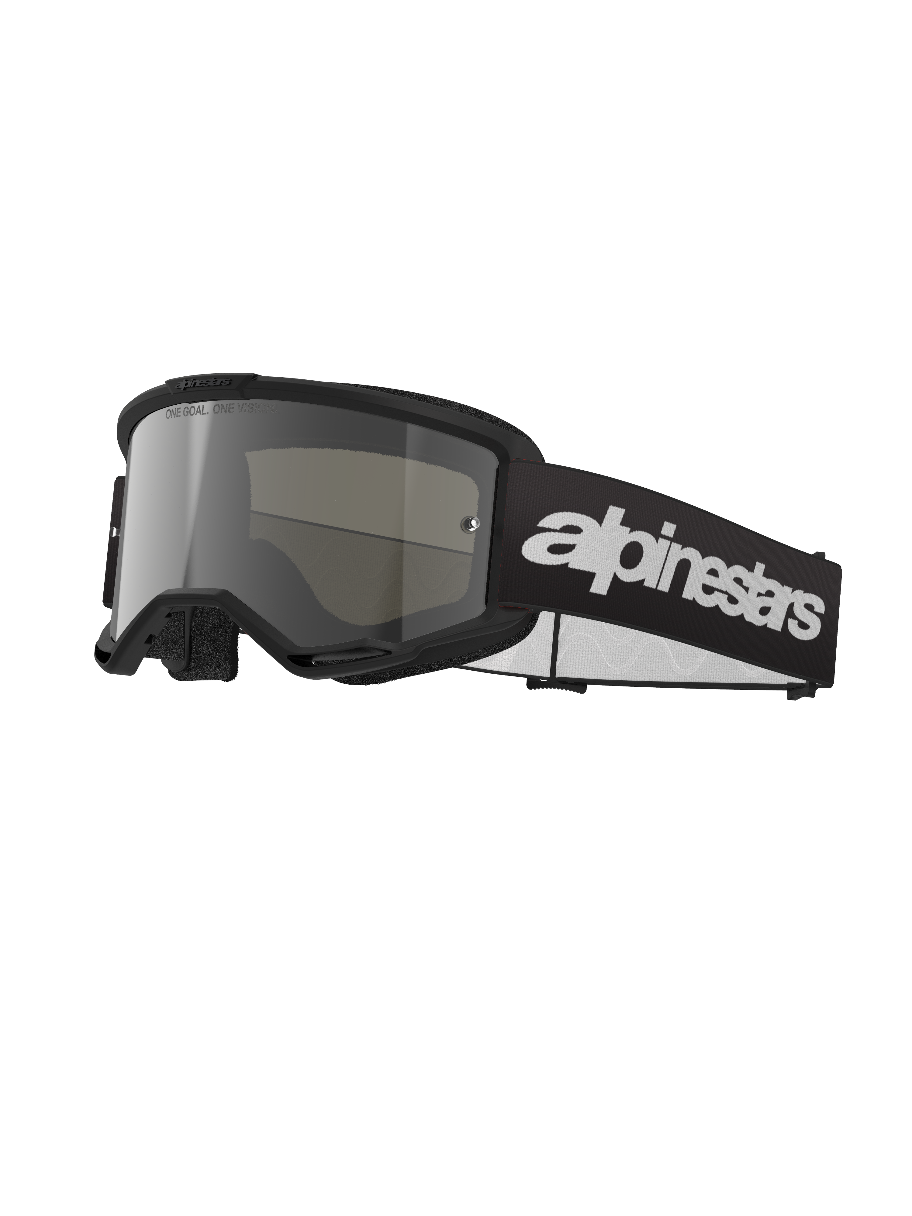 Alpinestars Vision 3 Wordmark Goggles, motocross beskyttelsesbriller, sort og spejlsølv, bred sølvtonet linse, justerbar sort rem med hvidt tekstlogo, skumforet ramme med ventilationsporte, designet til off-road kørsel
