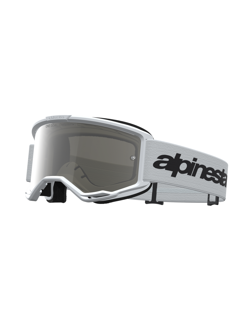 Alpinestars Vision 3 Wordmark Mirror Goggles, hvide motocross-goggles med sølvfarvet spejllinse, hvid rem med sort Alpinestars-logo, RAM-AIR ventilationssystem, CE-godkendt beskyttelse til MX.